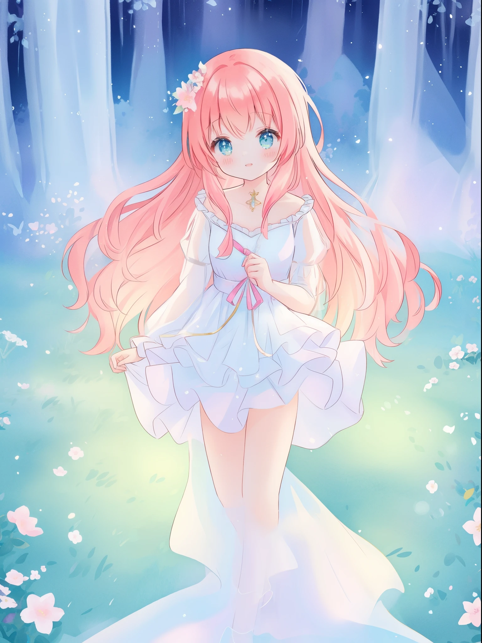 beautiful fairy girl in sparkling white ballgown, puffy flowing ballgown, sheer fluttering sleeves, ((glowing sheer layered dress)), long red gold hair, colorful fantasia background, delicate white flowers in her hair, watercolor illustration, glowing lights, beautiful digital illustration, fantasia otherworldly landscape, beautiful, masterpiece, best quality, (vibrant pastel colors), (colorful), magical forest landscape, sharp focus, intricate details, highly detailed, 8k resolution