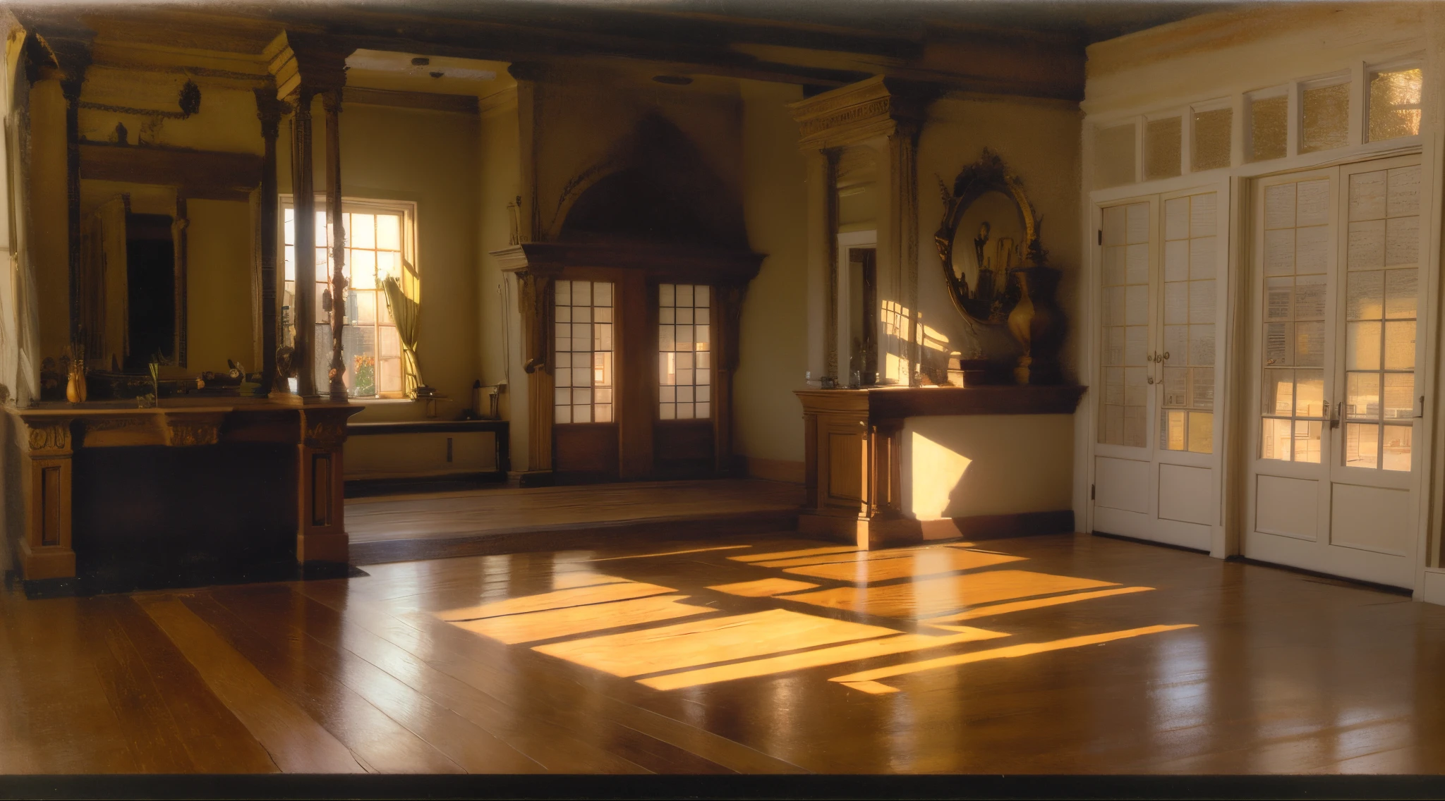 there is a drawing of a man standing in a room, volumetric shadows and lighting, volumetric lighting and shadows, an ambient occlusion render, detailed with shadows, lights and shadows, light and shadow, lighting & shadows, noon lighting, victorian home, wood floors, screen door, oil painting, classical painting, symmetry, white walls, drapery, magic items,