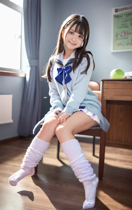 (Best Quality,  8K,  32K,  masutepiece,  nffsw,  :1.2),  japanaese girl,  teenager,  girls,  Ultra-detailed face,  Tightness in the chest,  Detailed eyes,  very detailed lips,  dark brown hair,  Slender figure,  Natural lighting,  (Whit Loose Socks:1.3),  Smiling, (huge-breasted:1.2), chair sitting sitting, School uniform, Sailor Uniform, School Girl, tall stature, Mini skirt, Off-white cardigan, sox, perfect skin, sitting on chair, bedroom