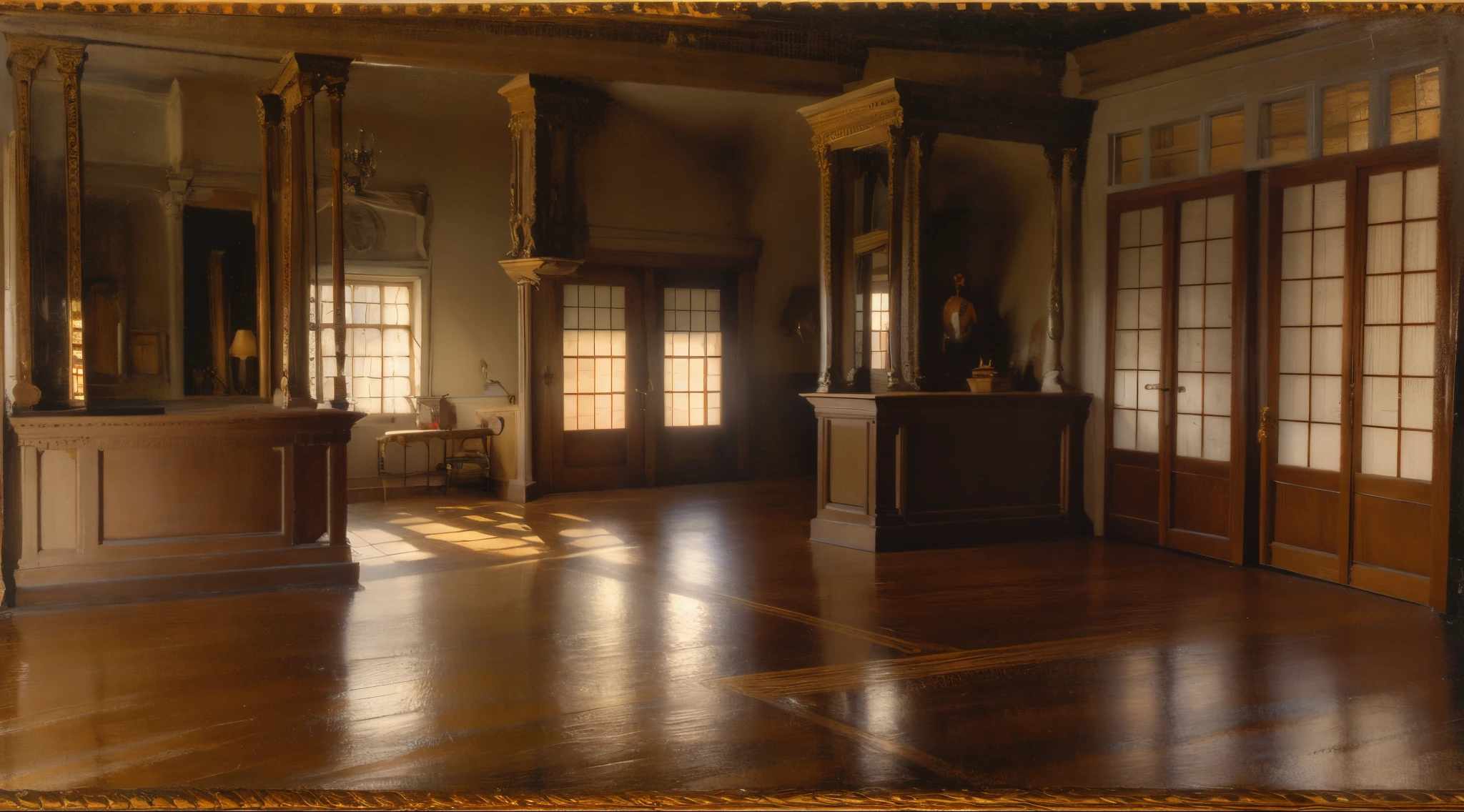there is a drawing of a man standing in a room, volumetric shadows and lighting, volumetric lighting and shadows, an ambient occlusion render, detailed with shadows, lights and shadows, light and shadow, lighting & shadows, noon lighting, victorian home, wood floors, screen door, oil painting, classical painting, symmetry, white walls, drapery, magic items,