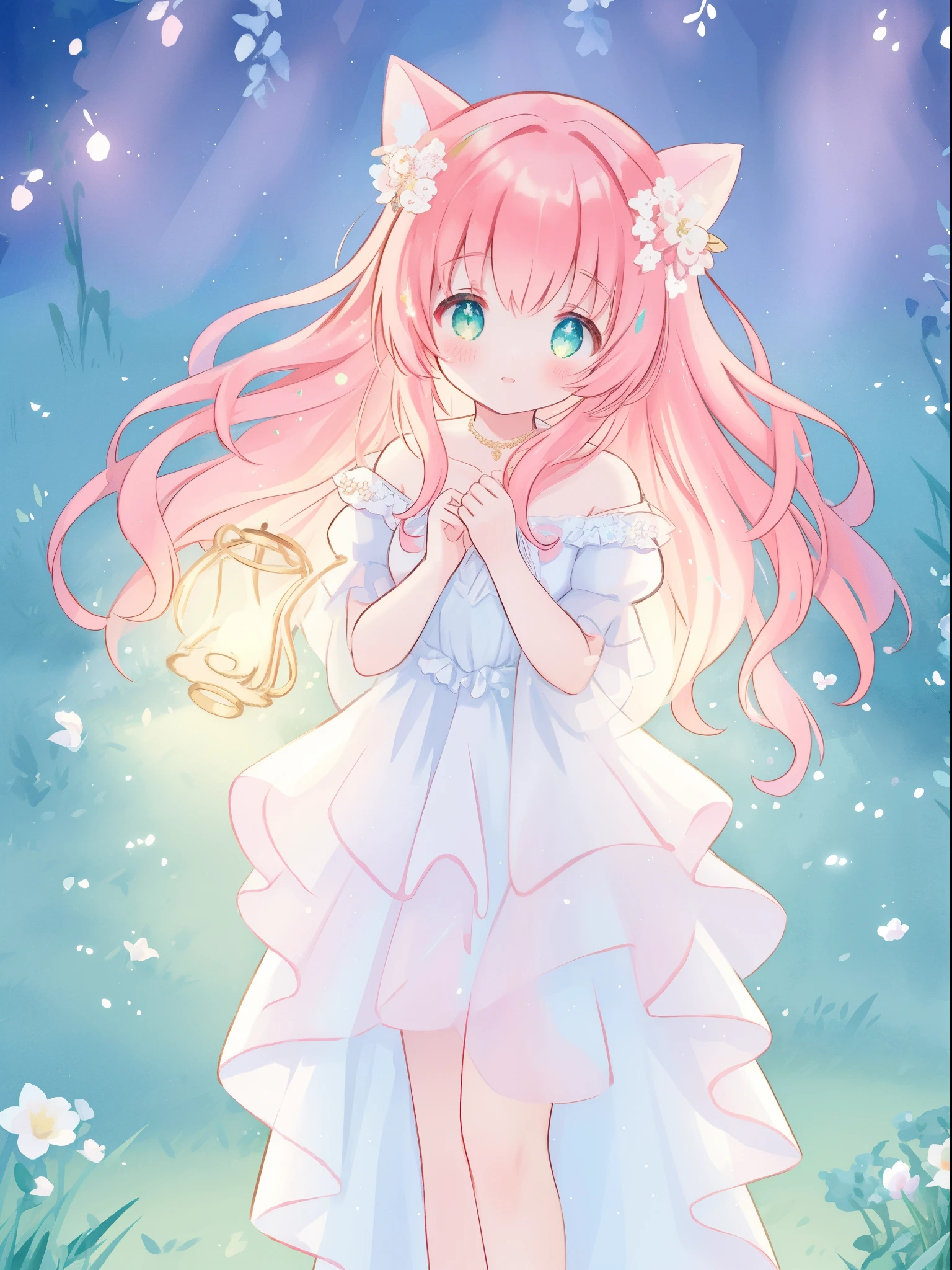 beautiful fairy girl in sparkling white ballgown, puffy flowing ballgown, sheer fluttering sleeves, ((glowing sheer layered dress)), long red gold hair, colorful fantasia background, delicate white flowers in her hair, watercolor illustration, glowing lights, beautiful digital illustration, fantasia otherworldly landscape, beautiful, masterpiece, best quality, (vibrant pastel colors), (colorful), magical forest landscape, sharp focus, intricate details, highly detailed, 8k resolution