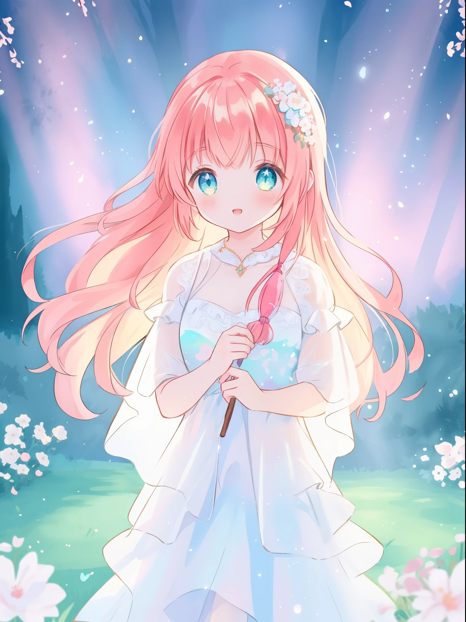 beautiful fairy girl in sparkling white ballgown, puffy flowing ballgown, sheer fluttering sleeves, ((glowing sheer layered dress)), long red gold hair, colorful fantasia background, delicate white flowers in her hair, watercolor illustration, glowing lights, beautiful digital illustration, fantasia otherworldly landscape, beautiful, masterpiece, best quality, (vibrant pastel colors), (colorful), magical forest landscape, sharp focus, intricate details, highly detailed, 8k resolution