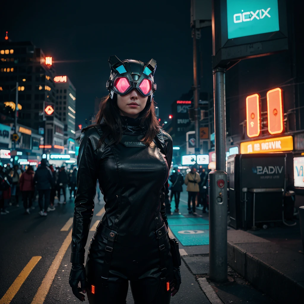 -11-15 12:16:26
Write a short story about a woman wearing a cyberhelmet headgear mask, standing on the neon-lit streets of a futuristic city. Explore her journey and the reasons behind her choice to wear the cyberhelmet headgear mask.