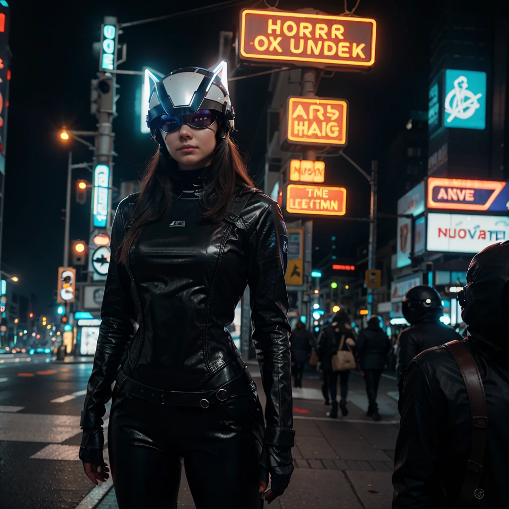 -11-15 12:16:26
Write a short story about a woman wearing a cyberhelmet headgear mask, standing on the neon-lit streets of a futuristic city. Explore her journey and the reasons behind her choice to wear the cyberhelmet headgear mask.