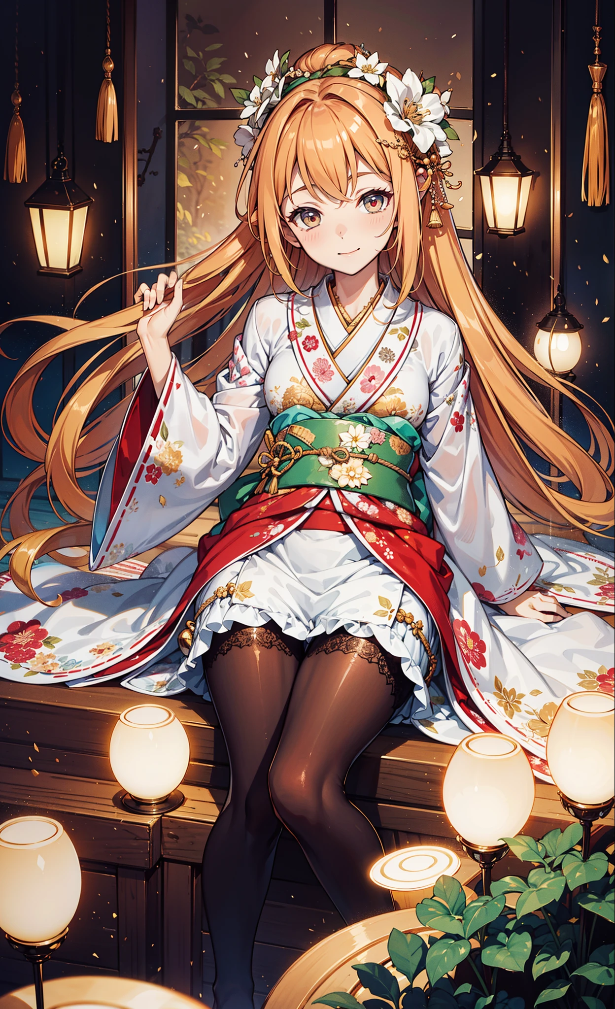 {{{{tmasterpiece}}}}, {{{ultra - detailed}}}, {{{High- sharpness}}}, {{Good anatomy}}, (((Best quality at best))), ((very delicate beautiful)), {{Very detailed and refined}}, {8k CG wallpaper}, {{lamplight}}, (floral patterns:1.1),There are many kinds of patterns that appear on clothes,(color difference:1.2),(The face of the maiden goddess), ( girl:1), having fun,obsessed,独奏, 花魁, (Japanese clothes,:1.2),Black gloves,Lace pantyhose, Medium curve,natta,Movie lamplight,shine,tempting pose