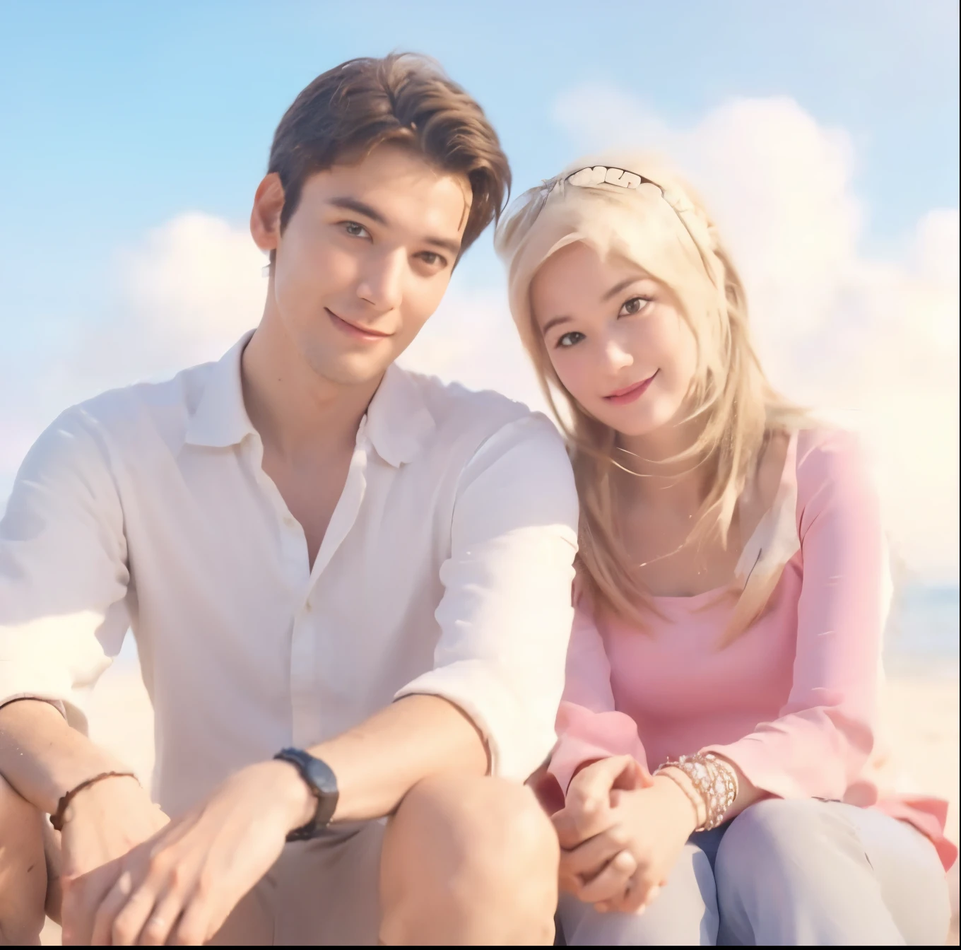 there is a man and woman sitting on the beach together, lovely couple, realistic picture, couple pose, realistic cartoon, high quality fanart, happy couple, ultra realistic picture, couple, romantic couple, realism artstyle, realistic artstyle, cute cartoon, realistic scene, ( ultra realistic ), super realistic, beautiful realistic photo, realistic!!, very clear picture