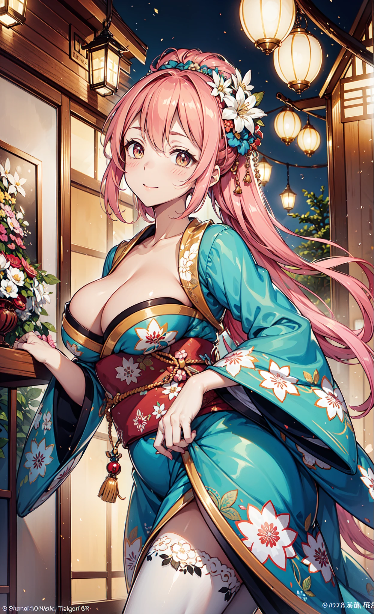 {{{{tmasterpiece}}}}, {{{ultra - detailed}}}, {{{High- sharpness}}}, {{Good anatomy}}, (((Best quality))), ((very delicate beautiful)), {{Very detailed and refined}}, {8k CG wallpaper}, {{lamplight}}, (floral patterns:1.1),There are many kinds of patterns that appear on clothes,(color difference:1.2),(Girl's face), (1 plump girl:1), having fun,obsessed,独奏, 花魁, (Japanese clothes:1.2),Black gloves,Lace pantyhose, (Curvy body),natta,Movie lamplight,shine,tempting pose