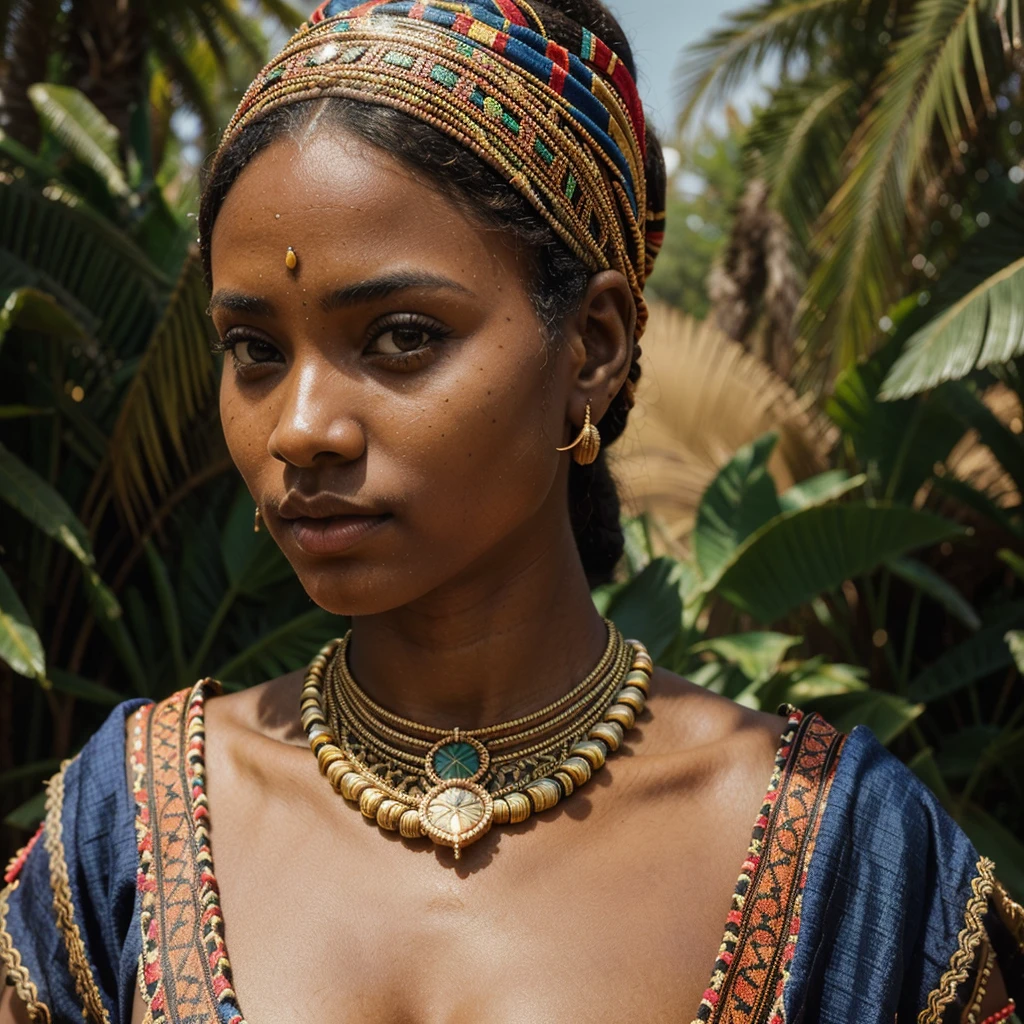 Styles of John William Godward and Marcel Proust. Beautiful daughter of a Tanzanian tribal chief, traditional tribal attire, intricate beadwork, colorful headscarf, tribal jewelry, regal presence, African savanna backdrop, tribal community. (masterpiece  , high quality, perfect hands, perfectly shot face, insane detail, 32k)