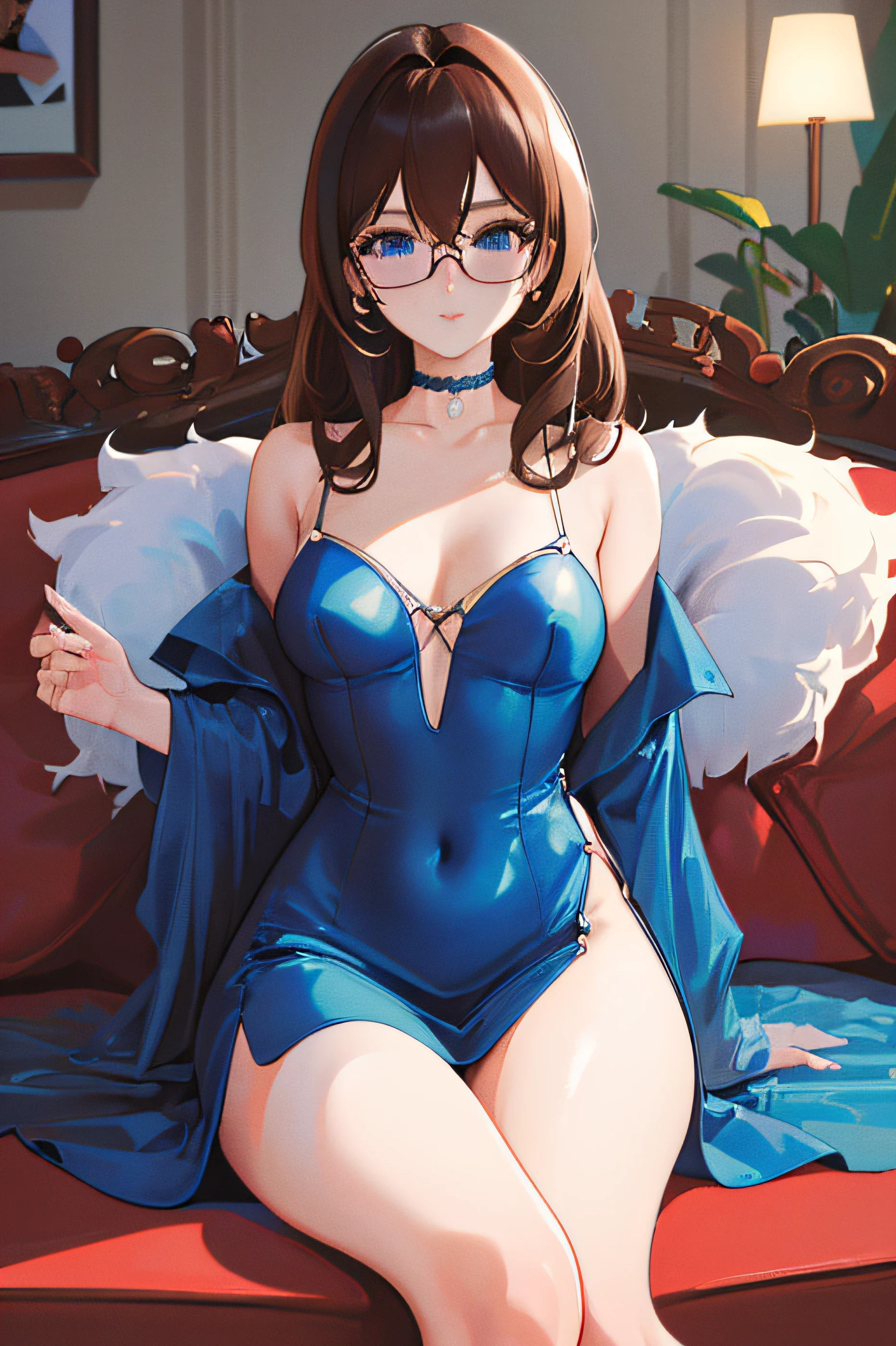 (best quality,4k,8k,highres,masterpiece:1.3),official art,magazine cover,ultra-detailed,1girl,1980s style,elegant dress,living room,sitting on a couch,long hair,curly hair,brown hair,blue eyes,glasses,jewelry,art by [Yves Saint Laurent|Andy Warhol].
