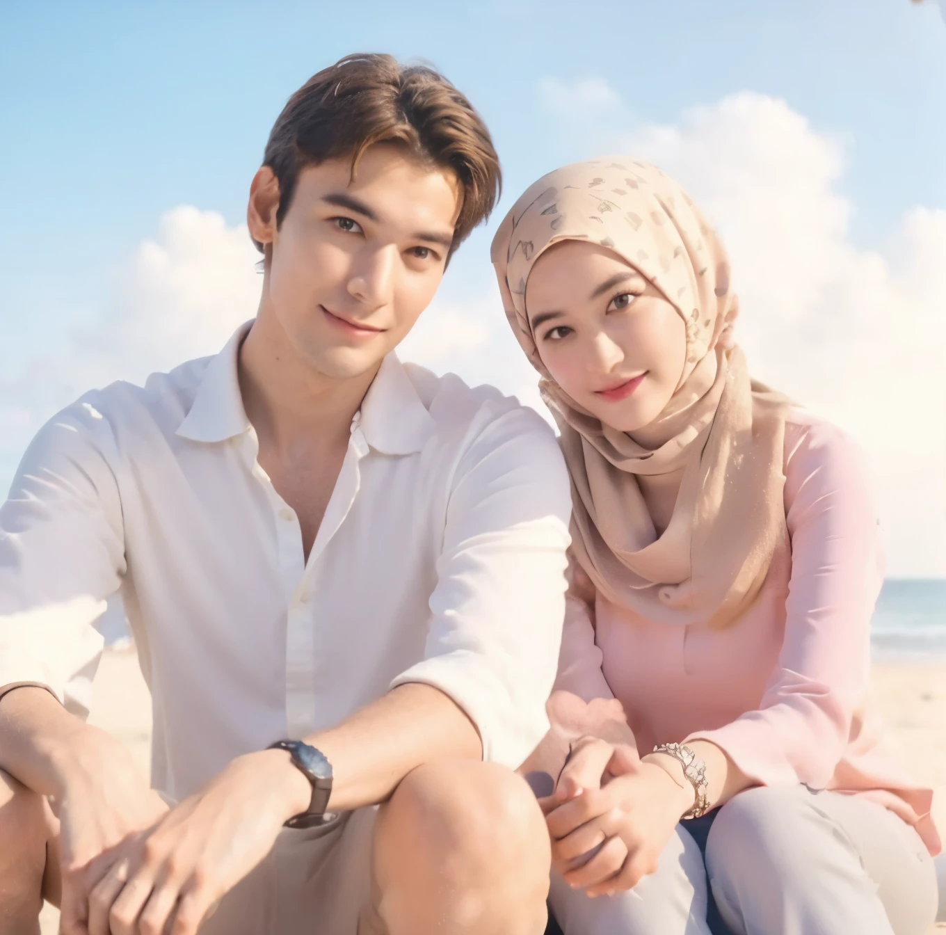 there is a man and woman sitting on the beach together, lovely couple, realistic picture, couple pose, realistic cartoon, high quality fanart, happy couple, ultra realistic picture, couple, romantic couple, realism artstyle, realistic artstyle, cute cartoon, realistic scene, ( ultra realistic ), super realistic, beautiful realistic photo, realistic!!, very clear picture, wearing hijab , muslim girl