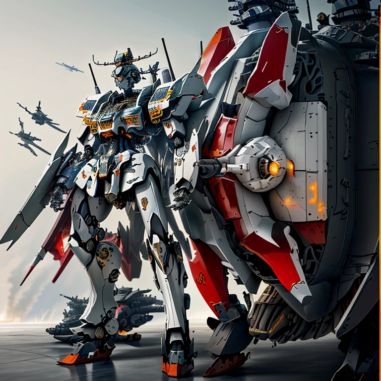 A high resolution，highest  quality，illuminations，ultra - detailed，Some characteristics of aircraft carrier mecha，frigate，Aircraft carrier characteristics,8K，k hd，Basic characteristics of ships，Machine armour wind，succinct，Handsome，go to one's head，Chinese，Chinese dragon style，The turret is mounted on the mecha，The back side of an airplane wing acts as an airfoil，Robots are mainly red，Partly yellow