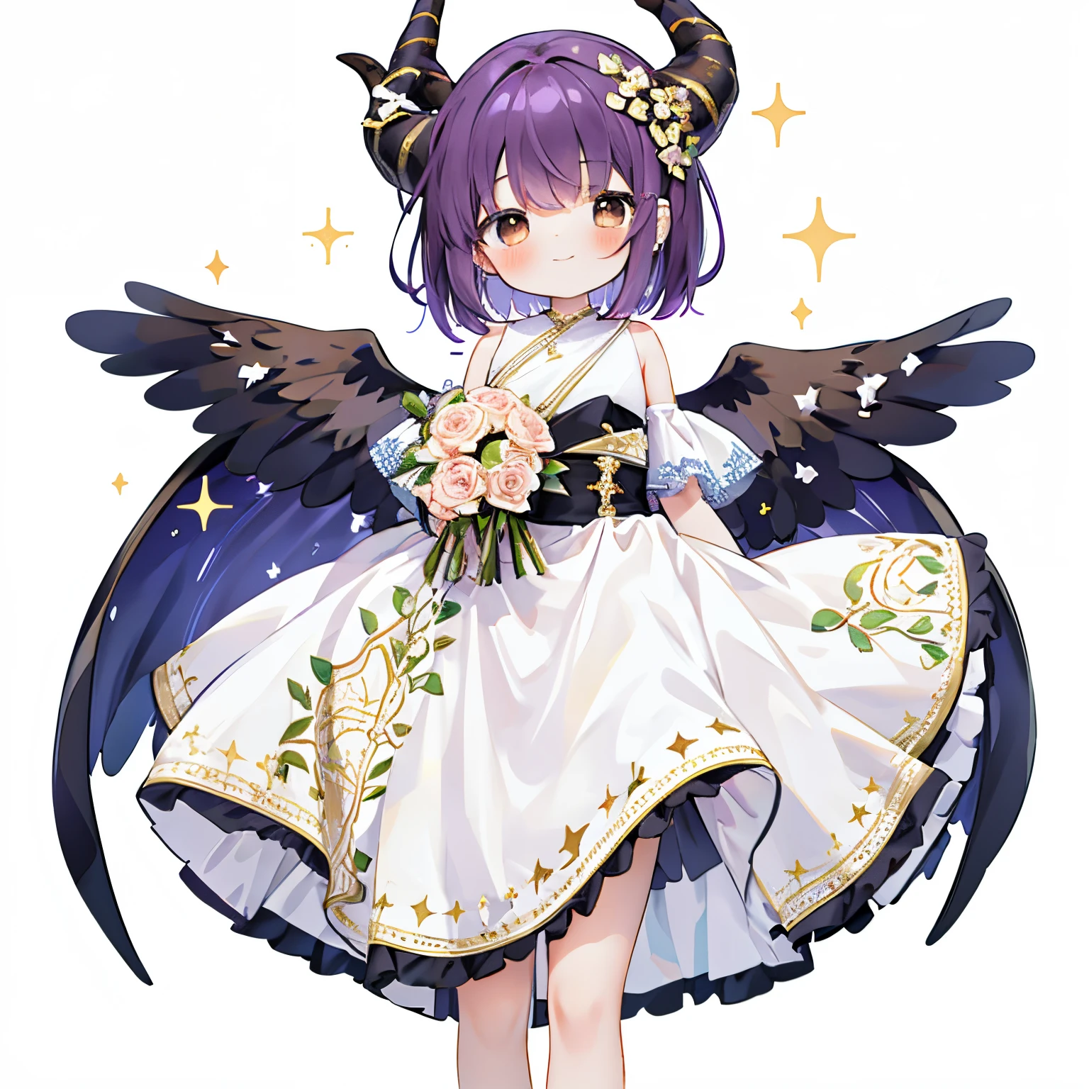 （(with a large bouquet：1.3)），1girl in, Solo, Barefoot, Hair Ornament, Smile, Dress, Horns, White background, Simple background, Brown eyes, hair clips, White Dress, Short hair, blush,, From the side、 Purple hair, Looking at Viewer, Arms up, Standing, Closed mouth, , Wings, with floral pattern, (Glitter),, jumpping,looking left