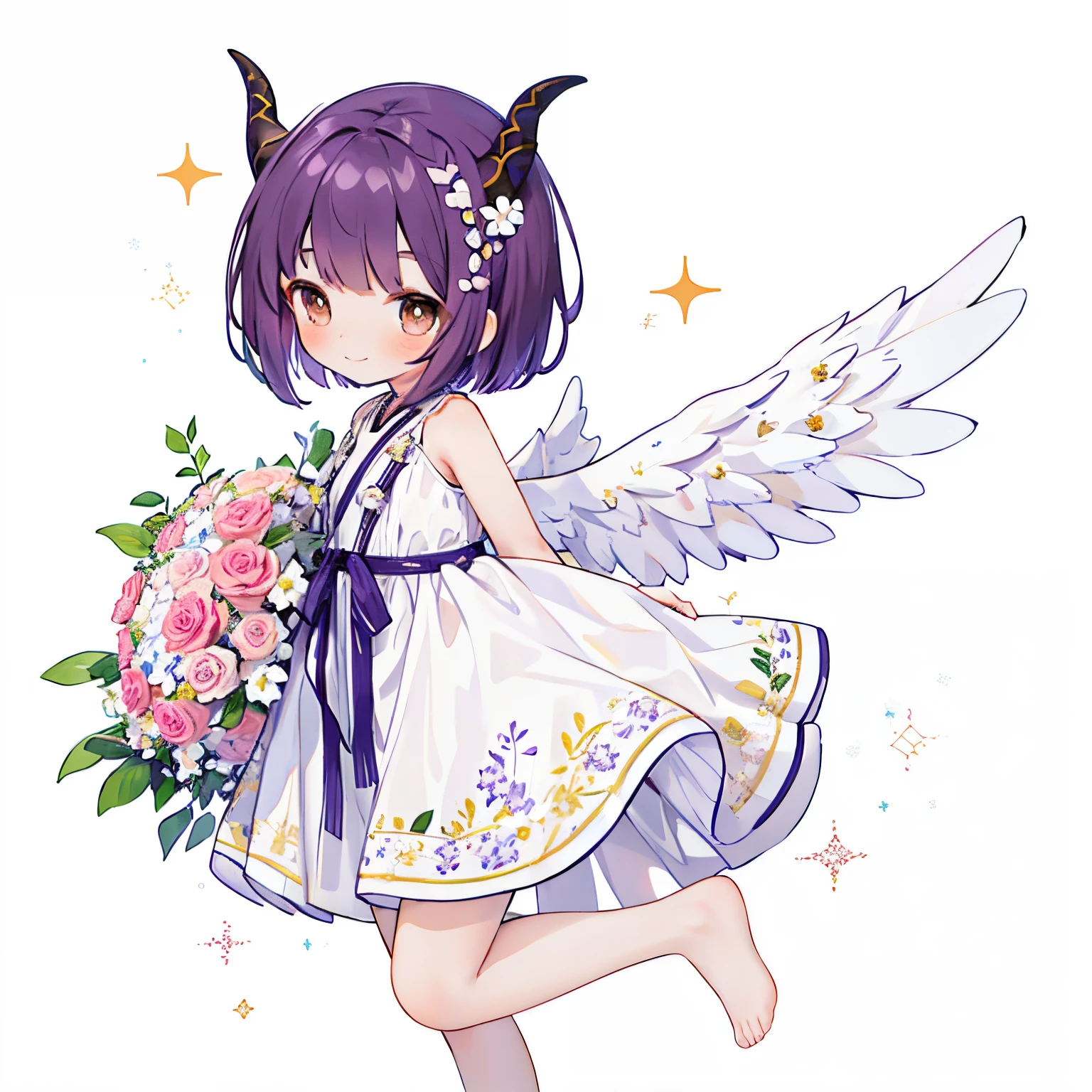 （(with a large bouquet：1.3)），1girl in, Solo, Barefoot, Hair Ornament, Smile, Dress, Horns, White background, Simple background, Brown eyes, hair clips, White Dress, Short hair, blush,, From the side、 Purple hair, Looking at Viewer, Arms up, Standing, Closed mouth, , Wings, with floral pattern, (Glitter),, jumpping,looking left