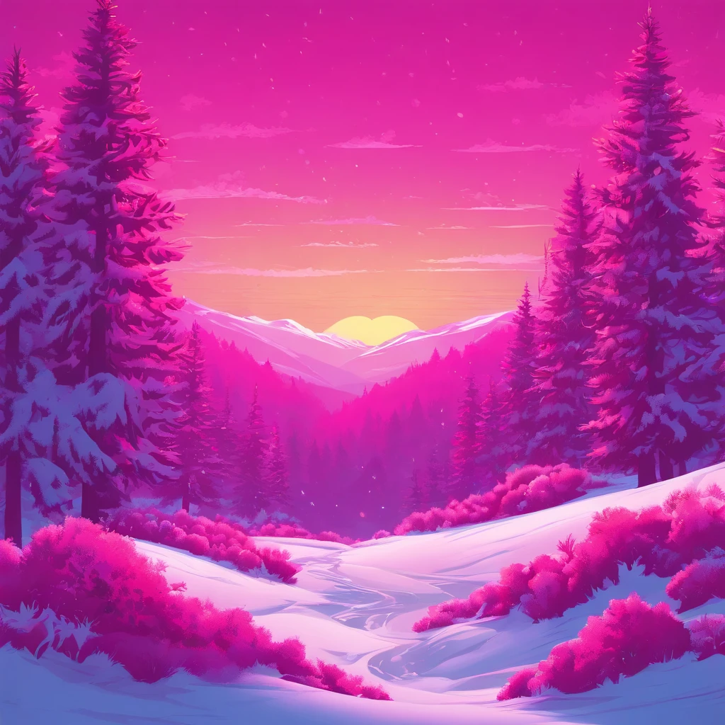 "Generate an exceptionally detailed scene of a dimly lit snowy wonderland, rich with micro-details, and bathed in a captivating magenta-themed glow. Envision a serene winter landscape, each snowflake delicately outlined in the soft, dim light. Highlight the intricate textures of snow-covered branches, capturing the subtle play of shadows in the ambient magenta hues. Craft a visual masterpiece that immerses the viewer in the enchanting ambiance of a quiet, snow-kissed world, emphasizing the smallest details to evoke a sense of tranquility and awe."