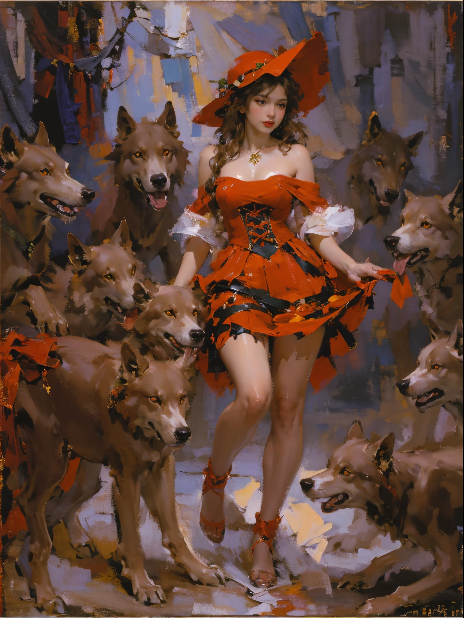 Depicting the girl in red meeting the wolves，Quiet and harmonious atmosphere，Dramatic composition，Warm color palette，Correct anatomy，详细的脸, 詳細な目，（Girls wear：red shawl，Red Hat，laced dress，Red Hat, cloaks, big bust bra, a skirt, Red dress，Carrying a basket of fruit），Background with：allure，natural  lightting, Candy   House，a fairy world，((Sexual suggestiveness)),Attractions,(post impressionist),,(Fechin Oil Painting - Fechin Oil Painting , oil painted), Correct anatomy，0