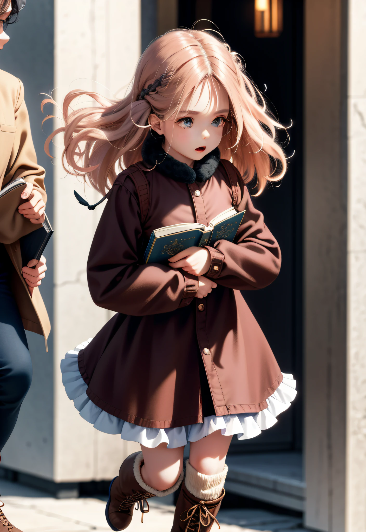 Girl on the run holding a book in both arms Wearing boots wearing clothes with lots of frills long Perm Hair Long hair that goes down to the waist boots