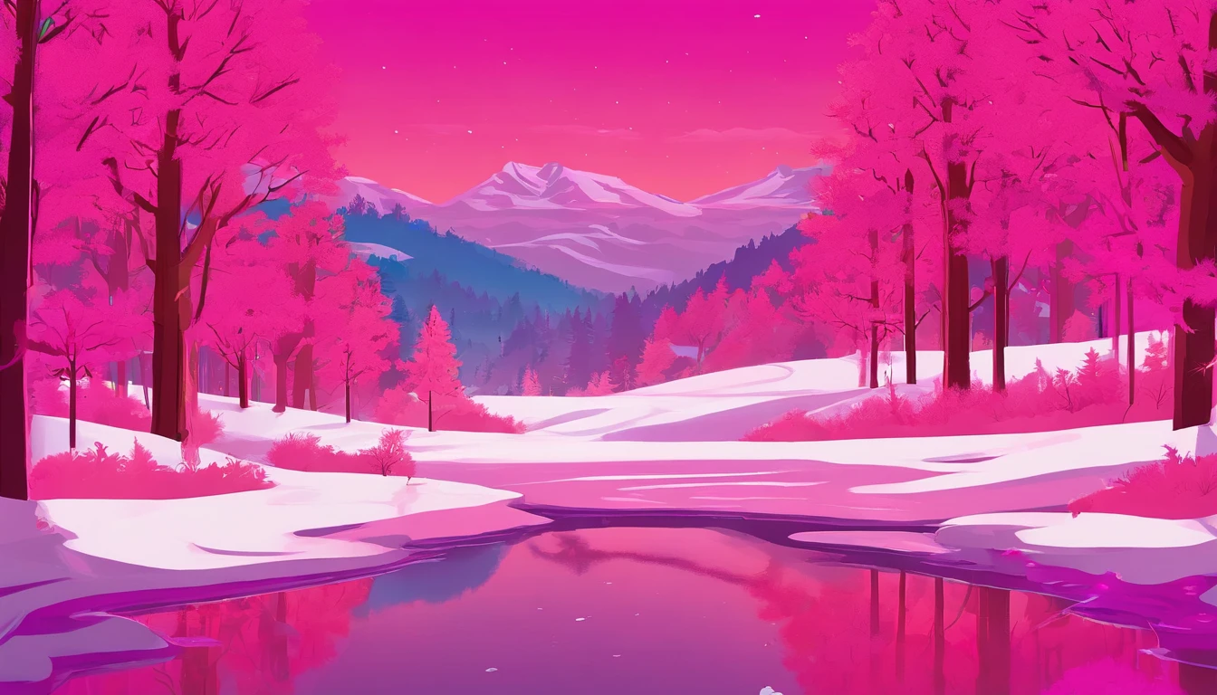 "Generate an exceptionally detailed scene of a dimly lit snowy wonderland, rich with micro-details, and bathed in a captivating magenta-themed glow. Envision a serene winter landscape, each snowflake delicately outlined in the soft, dim light. Highlight the intricate textures of snow-covered branches, capturing the subtle play of shadows in the ambient magenta hues. Craft a visual masterpiece that immerses the viewer in the enchanting ambiance of a quiet, snow-kissed world, emphasizing the smallest details to evoke a sense of tranquility and awe."