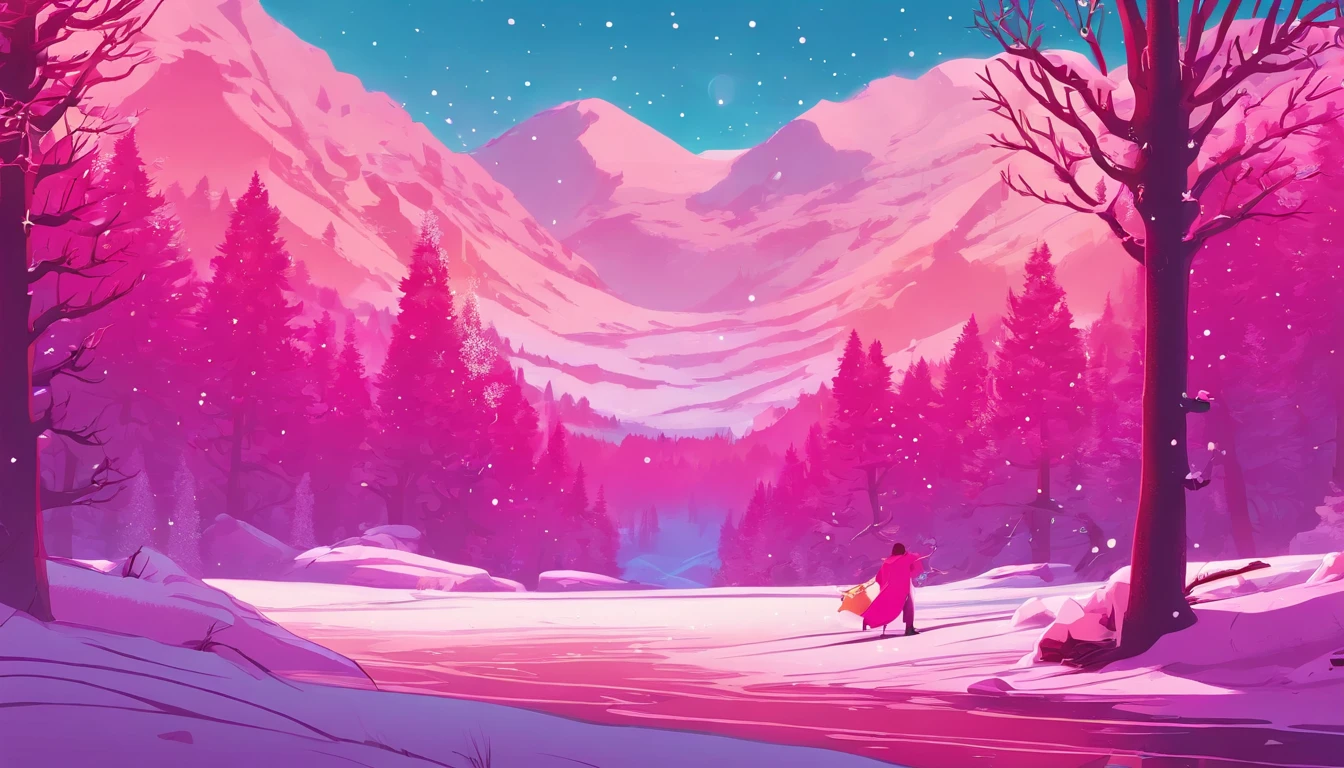 "Generate an exceptionally detailed scene of a dimly lit snowy wonderland, rich with micro-details, and bathed in a captivating magenta-themed glow. Envision a serene winter landscape, each snowflake delicately outlined in the soft, dim light. Highlight the intricate textures of snow-covered branches, capturing the subtle play of shadows in the ambient magenta hues. Craft a visual masterpiece that immerses the viewer in the enchanting ambiance of a quiet, snow-kissed world, emphasizing the smallest details to evoke a sense of tranquility and awe."