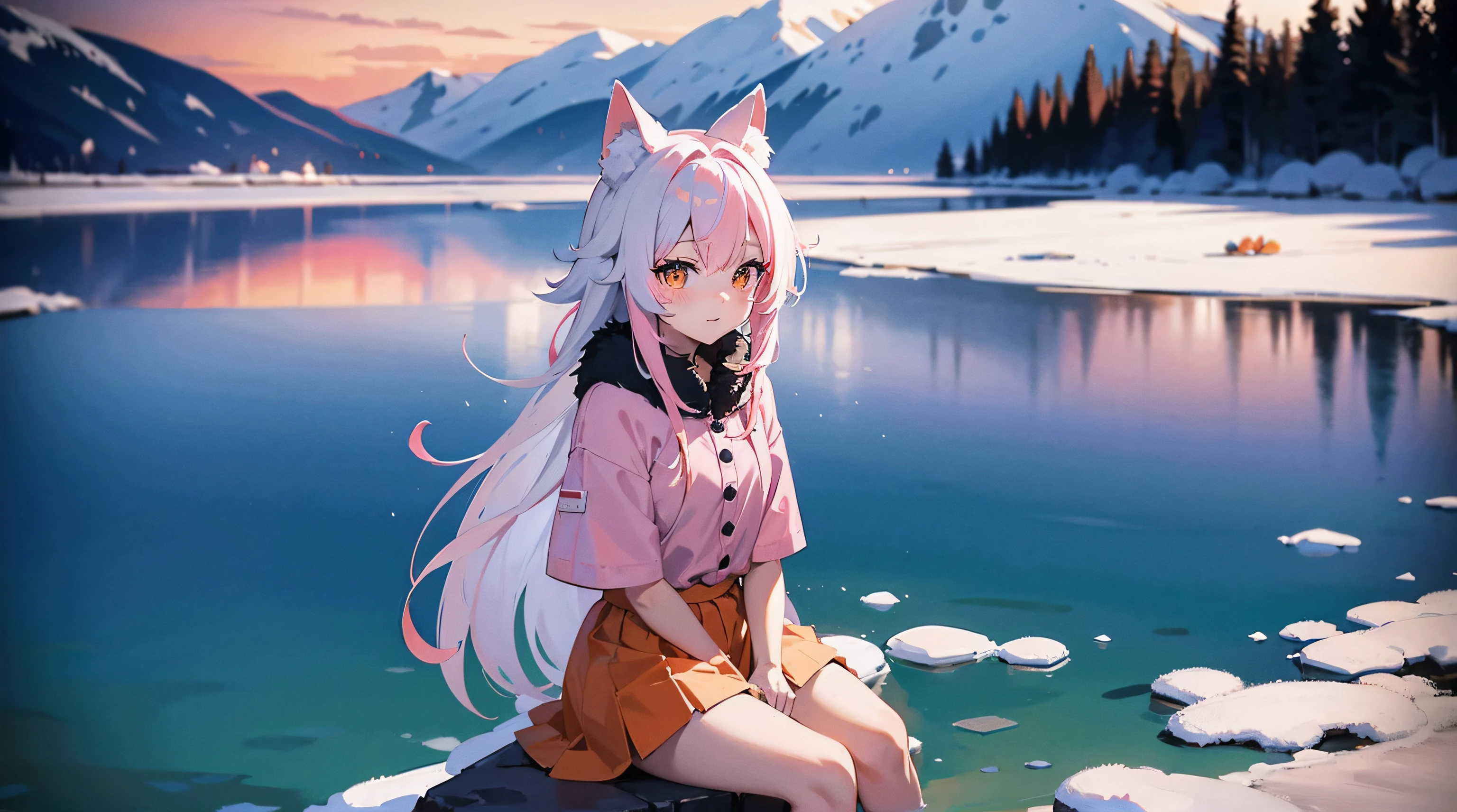 senko-san, loli, big freezed lake, winter, multicolored hair, white hair, pink hair, orange skirt, orange sunset, 1girl, hi resolution, 4k, sakura, snowed lake, pink scratches on a face, skirt with fur, white ears, ears with fur, cute face, loli face, whie-pink hair, bob hairstyle, snow on a lake, icy lake, short girl, charachter sits on her butt, 8 , sitting on a snow