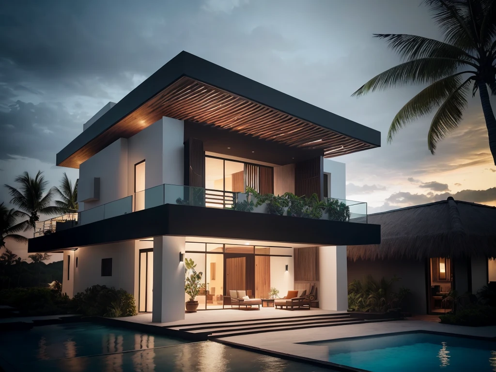 Boho house, luxury beach front Caribbean luxury villa, glass open space loft villa with roof garden, modern, dynamic (RAW photo, real, best quality, masterpiece:1.2), (hyper realistic, photo-realistic:1.2), high quality, (dark lighting:1.2), perfect lighting, archdaily, architecture digest award wining sustainable architecture, cinematic