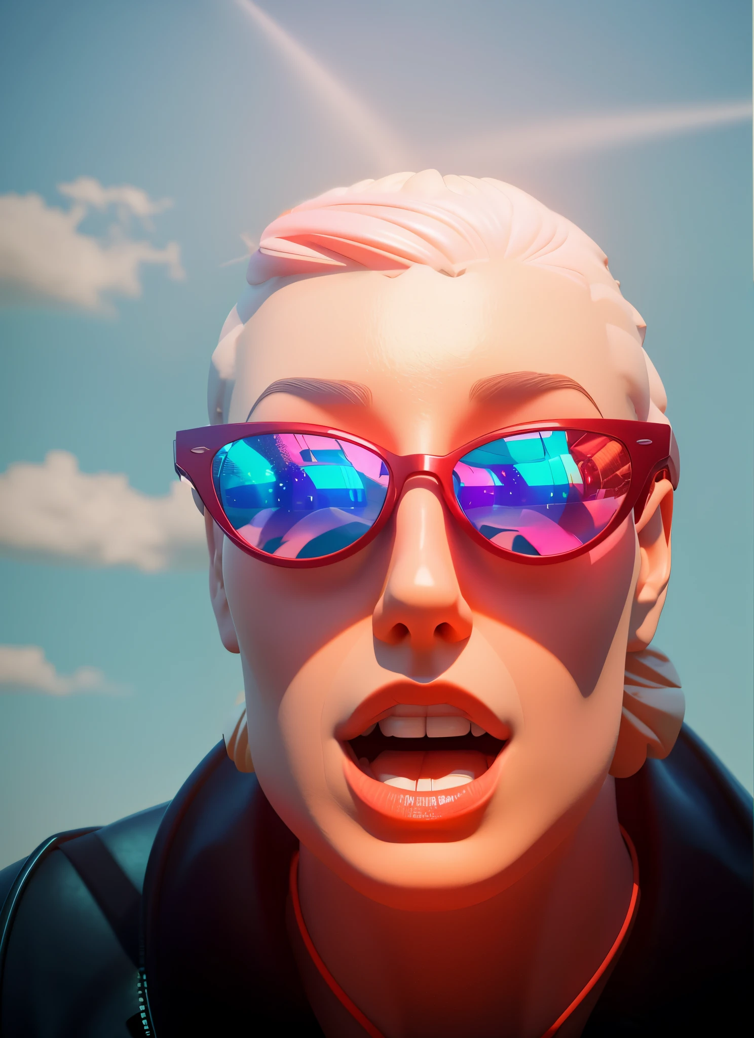 a man stands in sunglasses and with a surprised expression on his face, animation style render, Pouting gaze :: Octane Render, stylized 3 d, Bubble visual effects, 3D-персонаж, 3D персонаж, Octane render Pixar, 3 d illustration, 3d illustration, 3d characters, Pixar. Octane Render, Render Pixar Renderman, stylized 3d render , Rendering of a digital painting, where is massive, ruby raspberry jelly, taking the graceful form of a flawless diamond, Hyper-realistic, atmospheric perspective, High contrast, Ultra detailed textures, voluminous lighting, wide angle view.