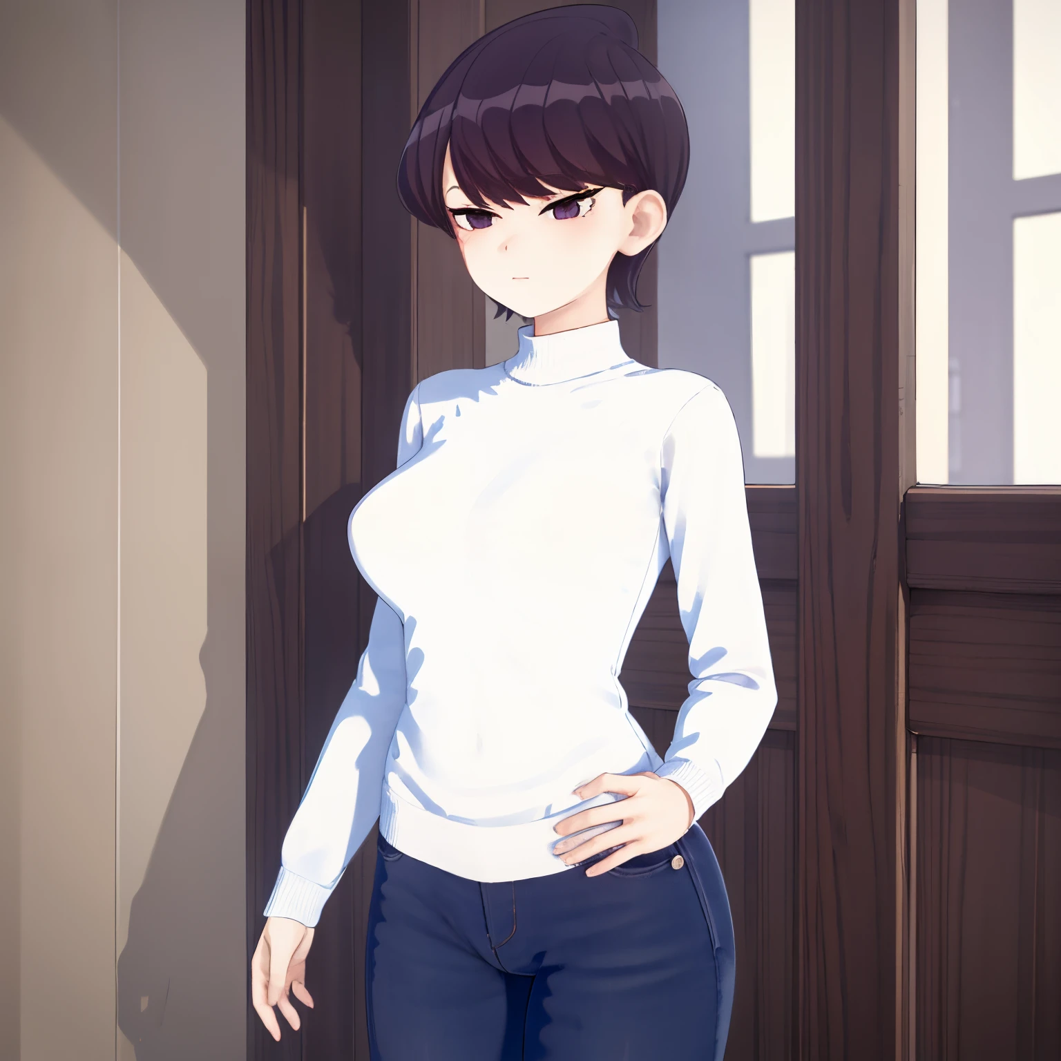 , 1 girl, alone, shuuko komi, short hair, dark purple hair, white knitted sweater, turtleneck, blue jeans, medium breasts, medium hips, medium thighs, masterpiece, best quality