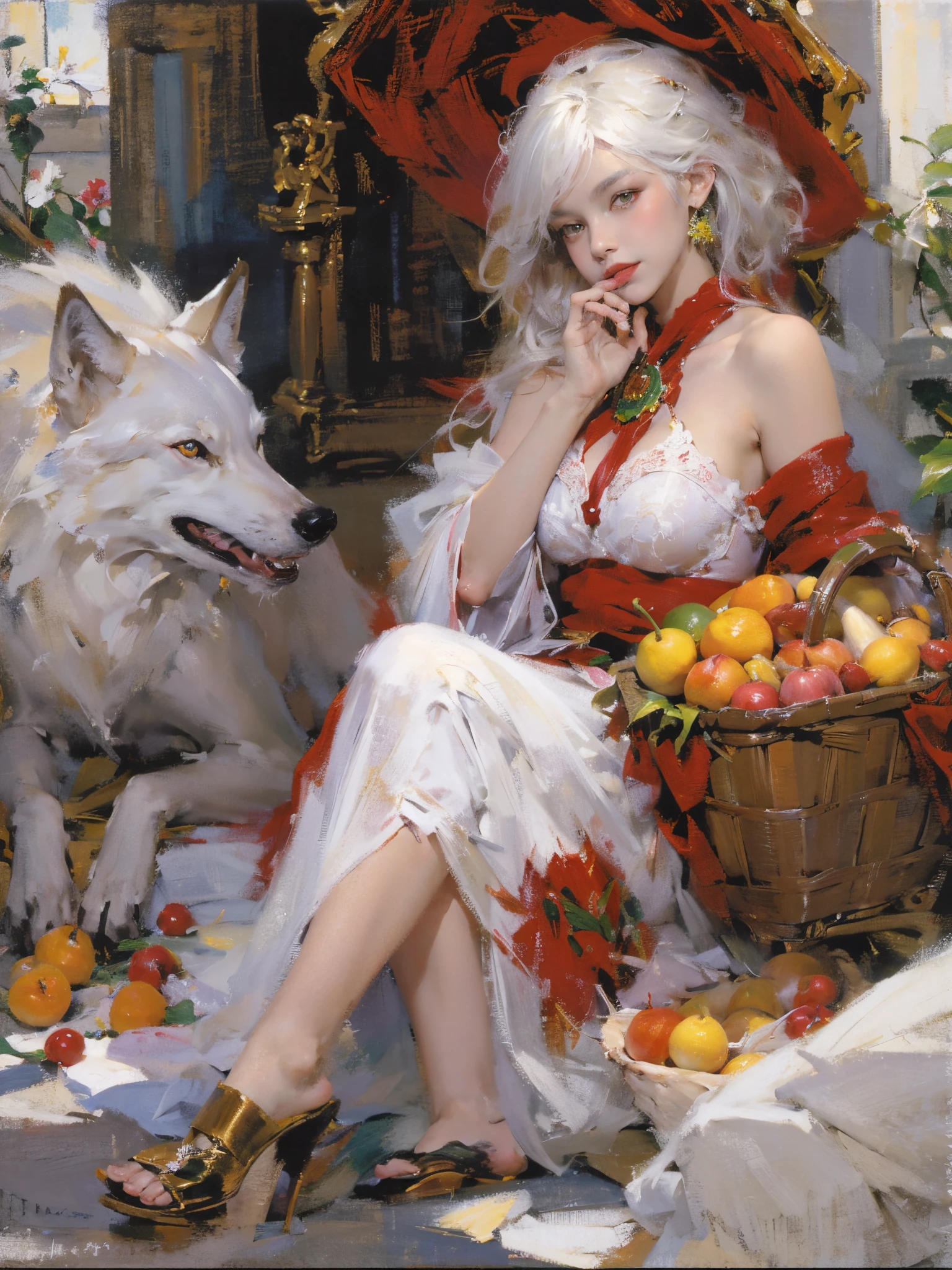 Describe the scene where the girl in red meets the wolf,(((white wolf))),Quiet and harmonious atmosphere,Dramatic composition,warm color palette,Correct anatomy,Detailed faces, 詳細な目,(Girls wear:red shawl,Red Hat,laced dress,Red Hat, cloaks, Large bra, a skirt, Red dress,Carrying a basket of fruit),Background with:luring,natural lightting, Candy House,a fairy world,Close-up cleavage,Charming and sexy legs,((Sexual suggestiveness)),Attractions,(post impressionist),many color,(Fechin Oil Painting - Fechin Oil Painting , oil painted), Correct anatomy,详细的脸, 詳細な目,04