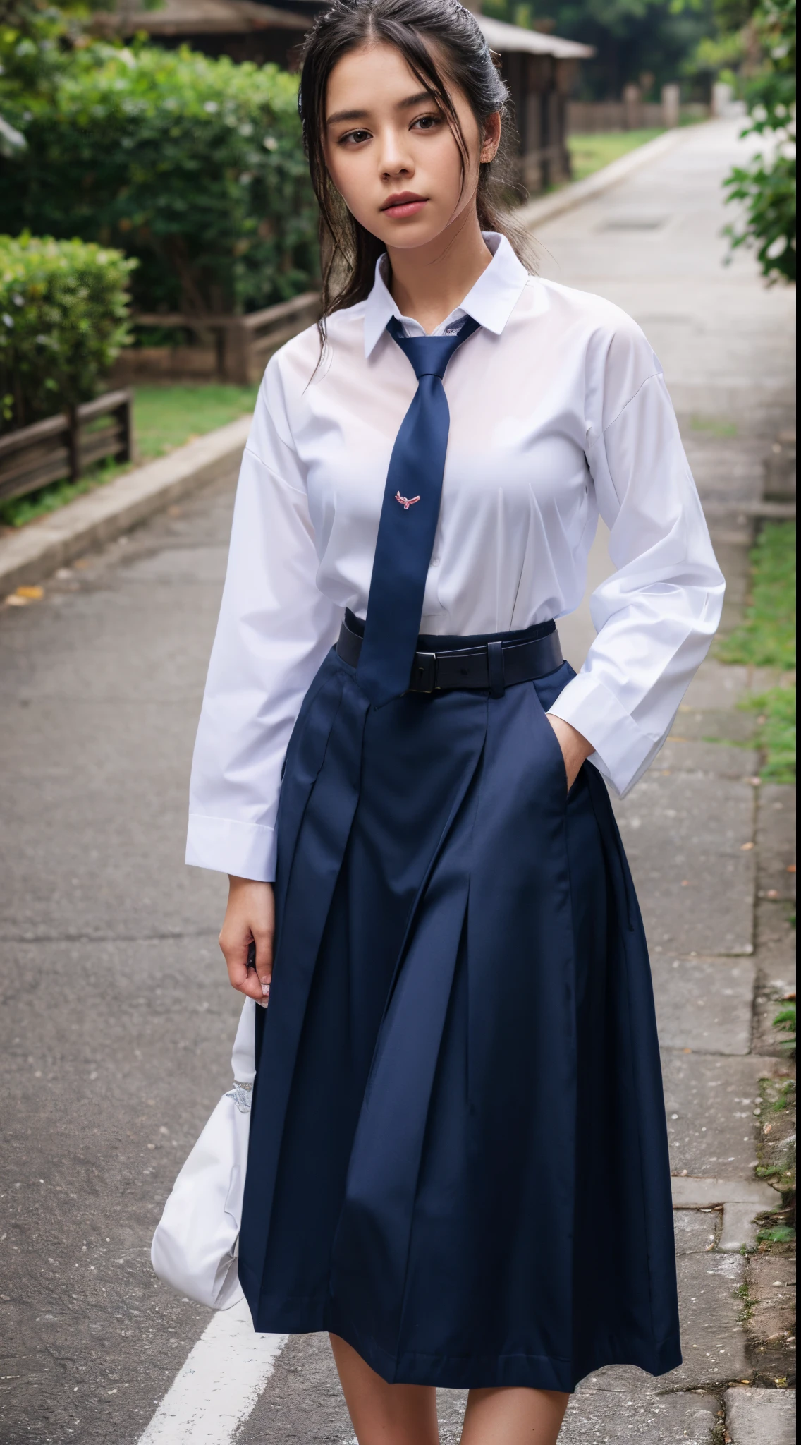 girl, convent, white shirt, long sleeves, loose necktie, navy blue long skirt, black belt, wet thin clothes, see through clothes,