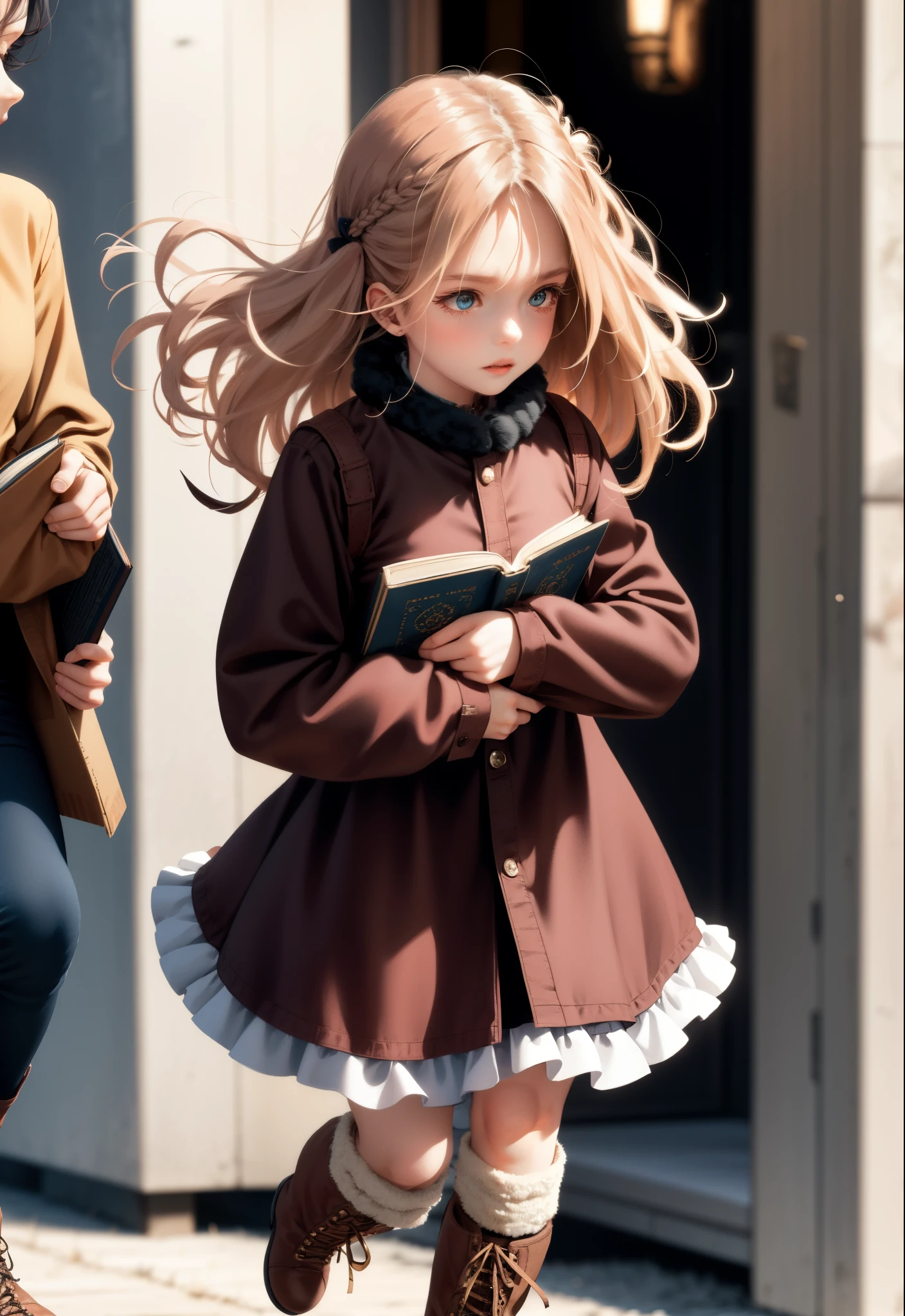 Girl on the run　holding a book in both arms　Wearing boots　wearing clothes with lots of frills　long　Perm Hair　Long hair that goes down to the waist　long boots　Looking Back