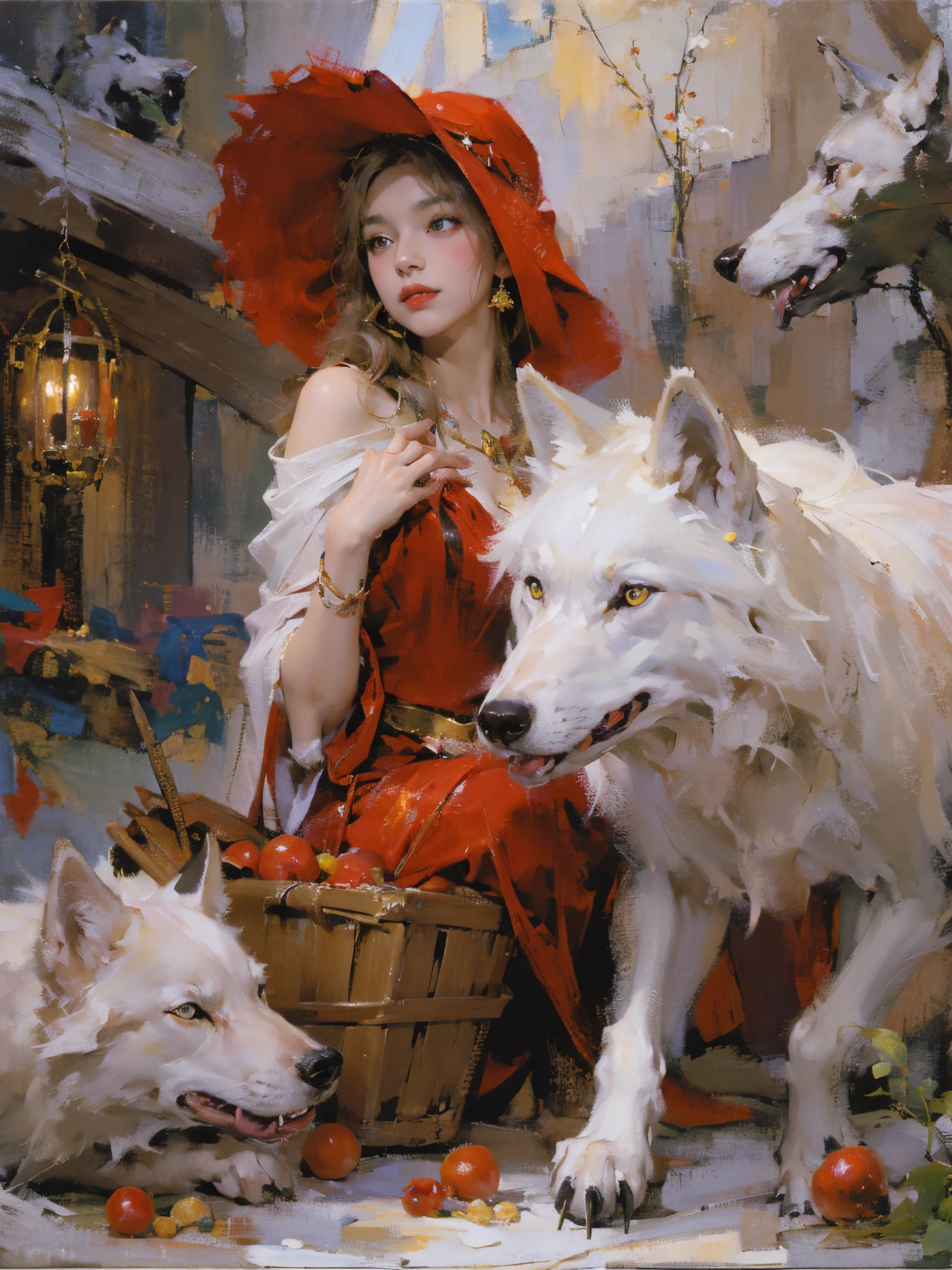 Depicting a girl in red meeting a pack of wolves,Quiet and harmonious atmosphere,Dramatic composition,a warm color palette,Correct anatomy,Detailed face, Detailed eyes,(girl wearing:red capelet,Red hat,laced dress,redhood, capes, Big breasts corset, a skirt, reddress,Carrying a basket of fruits),Background with:exteriors,natural lightting, Candy House,a fairy world,((Sexual suggestiveness)),seductiv,(post-Impressionist),,(Fechin Oil Painting - Fechin Oil Painting , oil painted), 0