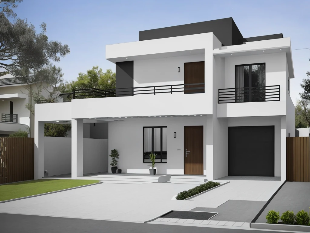 A modern minimalist design house, stylish, and with a simple but elegant facade design. It consists of two floors with 3 bedrooms and 2 bathrooms. With a small garden in front of the house. A carport on the side. This house is located in a residential real estate.