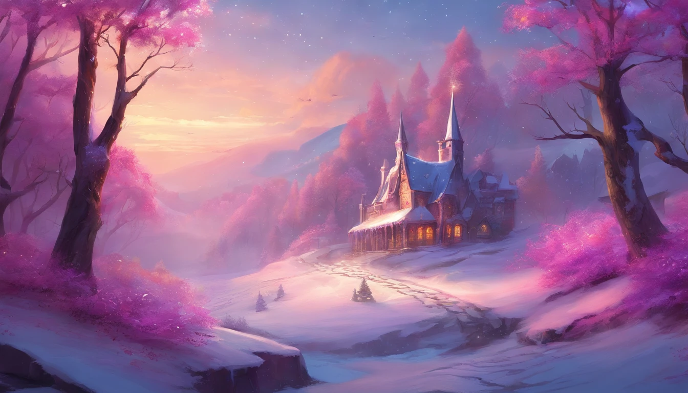 "Generate an exceptionally detailed scene of a dimly lit snowy wonderland, rich with micro-details, and bathed in a captivating magenta-themed glow. Envision a serene winter landscape, each snowflake delicately outlined in the soft, dim light. Highlight the intricate textures of snow-covered branches, capturing the subtle play of shadows in the ambient magenta hues. Craft a visual masterpiece that immerses the viewer in the enchanting ambiance of a quiet, snow-kissed world, emphasizing the smallest details to evoke a sense of tranquility and awe."