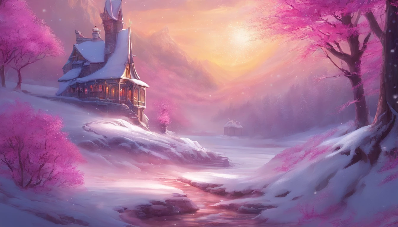 "Generate an exceptionally detailed scene of a dimly lit snowy wonderland, rich with micro-details, and bathed in a captivating magenta-themed glow. Envision a serene winter landscape, each snowflake delicately outlined in the soft, dim light. Highlight the intricate textures of snow-covered branches, capturing the subtle play of shadows in the ambient magenta hues. Craft a visual masterpiece that immerses the viewer in the enchanting ambiance of a quiet, snow-kissed world, emphasizing the smallest details to evoke a sense of tranquility and awe."