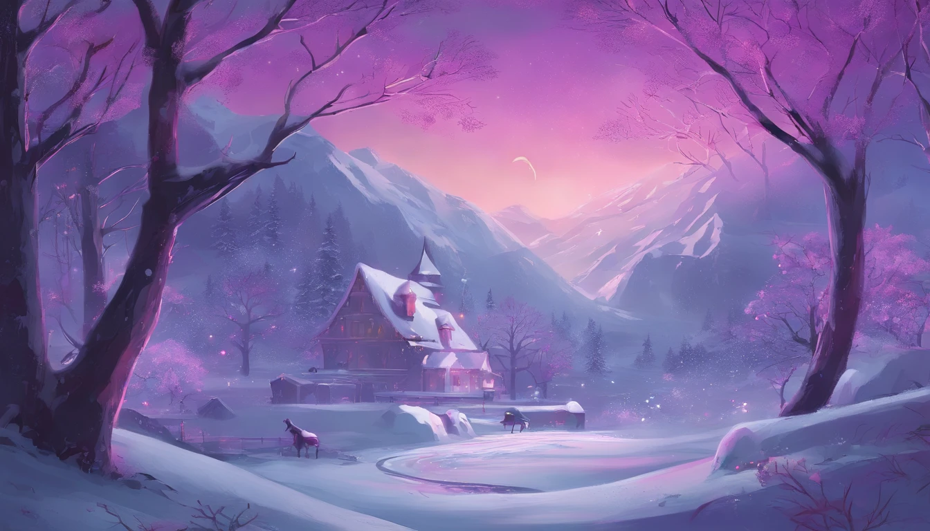 "Generate an exceptionally detailed scene of a dimly lit snowy wonderland, rich with micro-details, and bathed in a captivating magenta-themed glow. Envision a serene winter landscape, each snowflake delicately outlined in the soft, dim light. Highlight the intricate textures of snow-covered branches, capturing the subtle play of shadows in the ambient magenta hues. Craft a visual masterpiece that immerses the viewer in the enchanting ambiance of a quiet, snow-kissed world, emphasizing the smallest details to evoke a sense of tranquility and awe."