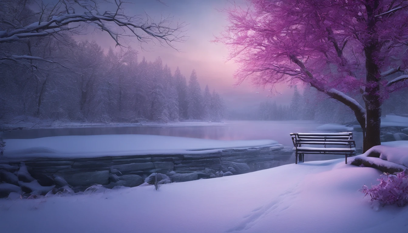 "Generate an exceptionally detailed scene of a dimly lit snowy wonderland, rich with micro-details, and bathed in a captivating magenta-themed glow. Envision a serene winter landscape, each snowflake delicately outlined in the soft, dim light. Highlight the intricate textures of snow-covered branches, capturing the subtle play of shadows in the ambient magenta hues. Craft a visual masterpiece that immerses the viewer in the enchanting ambiance of a quiet, snow-kissed world, emphasizing the smallest details to evoke a sense of tranquility and awe."