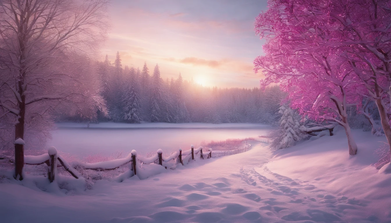 "Generate an exceptionally detailed scene of a dimly lit snowy wonderland, rich with micro-details, and bathed in a captivating magenta-themed glow. Envision a serene winter landscape, each snowflake delicately outlined in the soft, dim light. Highlight the intricate textures of snow-covered branches, capturing the subtle play of shadows in the ambient magenta hues. Craft a visual masterpiece that immerses the viewer in the enchanting ambiance of a quiet, snow-kissed world, emphasizing the smallest details to evoke a sense of tranquility and awe."