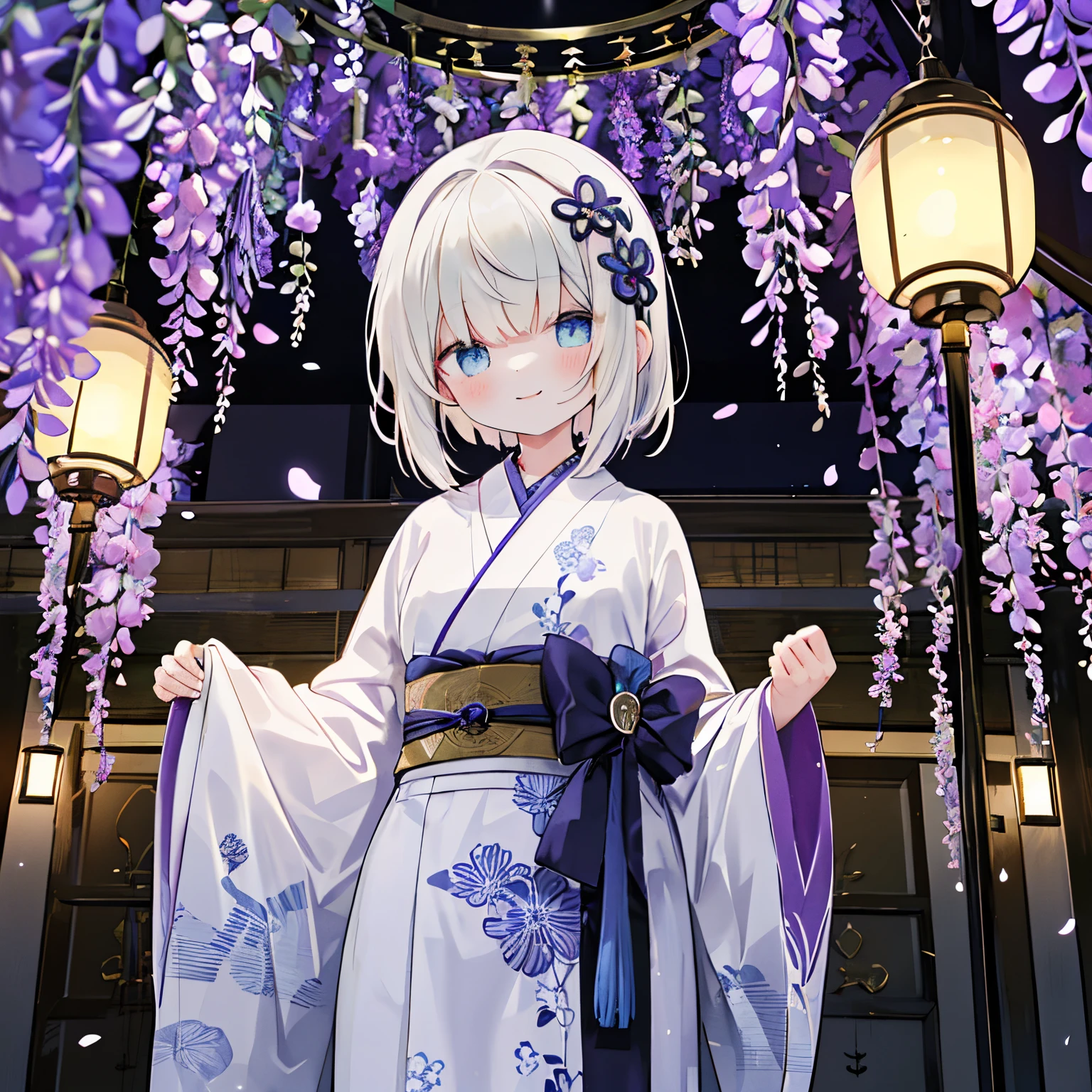((with a large bouquet:1.3)),1girl in, Solo, Hair Ornament, Smile, ornamented、ren、Japanese dress、Wisteria flowers、Hang a lamp on a stylish pole、Japanese and Western eclectic、Dark、the lamp shines strangely、murky、cloth hanging from the ceiling、