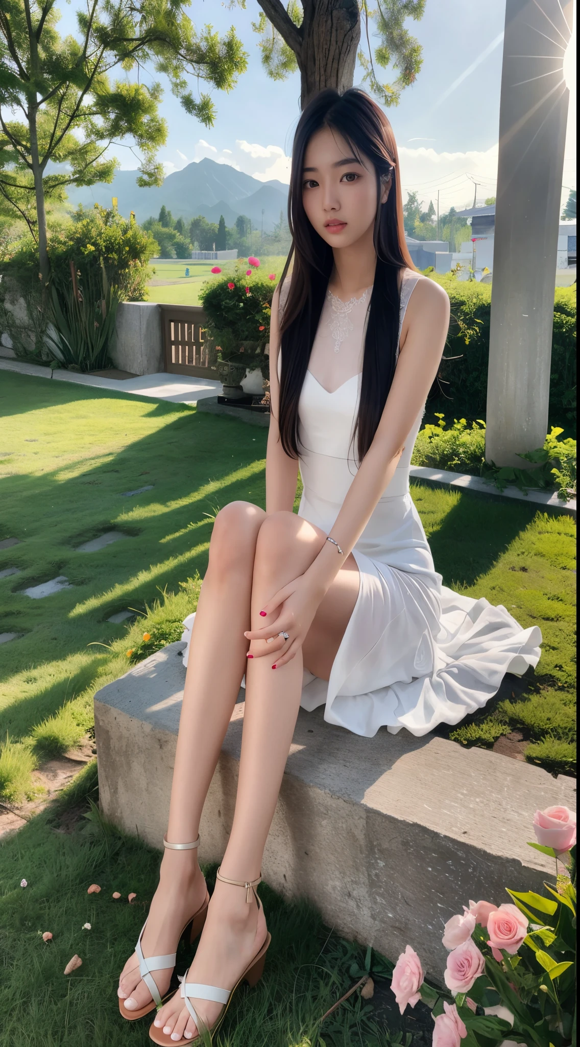 Arav is sitting on a stone bench in a white dress, parched,and the sun was shining brightly, xintong chen, gorgeous chinese models, gorgeous young korean woman, Dressed in white, wears a white dress, full body xianxia, cute elegant pose, beautiful Korean women, Xision Wu, Sleek white skintight suit, Beautiful Asian Girls, beautiful young korean woman