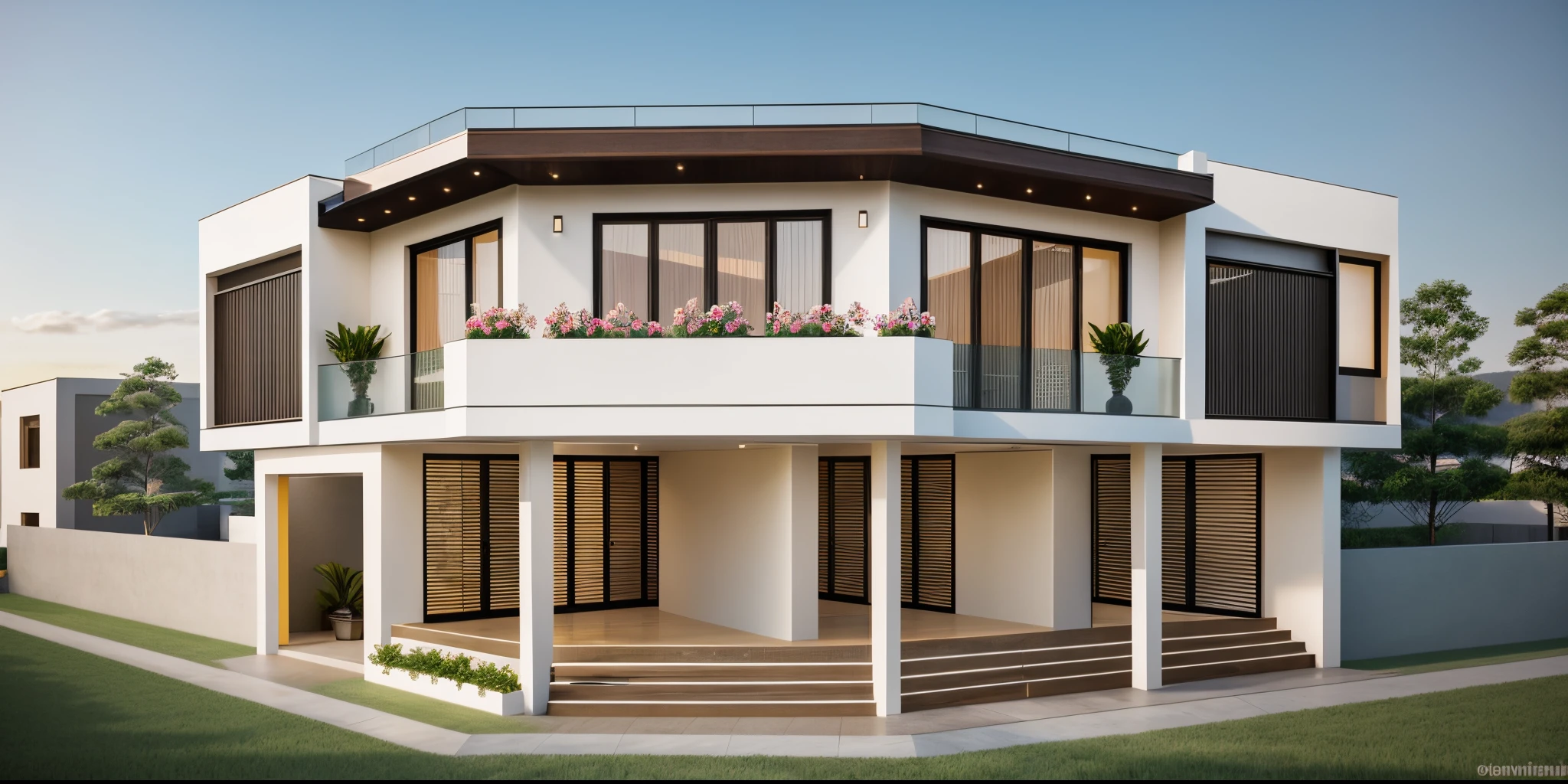 A modern house on a vast hillside, 8K sharp realistic images, large front yard, daylight , indoor lighting: 1.2 shimmer, cinematic lighting, main facade Transparent aluminum glass door frame, 2-panel door, 2 windows, transparent curtains, white painted walls , Warm sunrise sky, friendly feeling, front yard , rose beds, light yellow wall lights