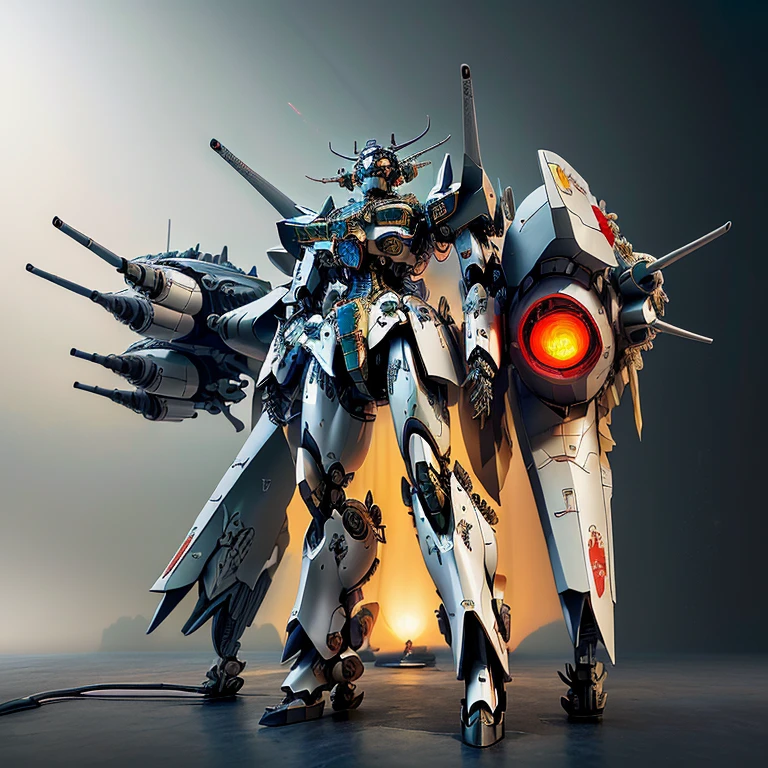 A high resolution，Best quality，lamplight，ultra - detailed，Some characteristics of aircraft carrier mecha，frigate，Aircraft carrier characteristics,8K，k hd，Basic characteristics of ships，Machine armour wind，succinct，Handsome，jam，china idol，Chinese dragon style，The turret is mounted on the mecha，The back side of an airplane wing acts as an airfoil，Robots are mainly red，Partly yellow