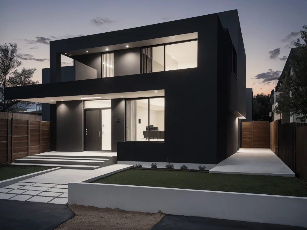 A modern minimalist design house, stylish, and with a simple but elegant facade design. It consists of two floors with 3 bedrooms and 2 bathrooms. With a small garden in front of the house. A carport on the side. This house is located in a residential real estate. modern, dynamic (RAW photo, real, best quality, masterpiece:1.2), (hyper realistic, photo-realistic:1.2), high quality, (dark lighting:1.2), perfect lighting, archdaily, architecture digest award wining sustainable architecture, cinematic