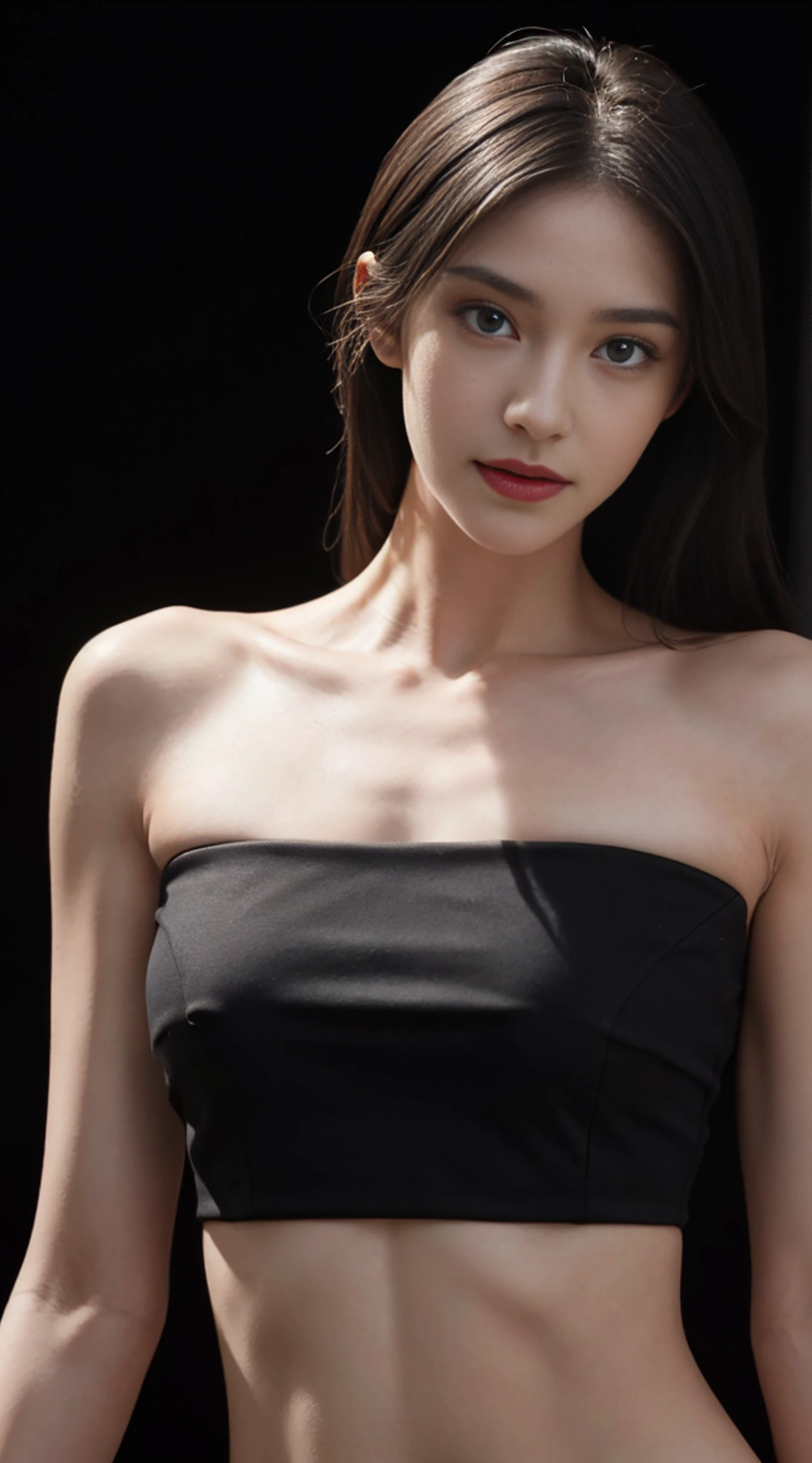 8K, Top Quality, Intricate Details, Ultra Detail, Ultra High Resolution, Masterpiece, close up shot, (full body: 1.1), Slender, Smile, (Makeup: 0.4), (Fluffy Blue Eyes: 1.21), blue Eyes, ((full body)), 1girl, solo, 1 girl, (( full body)), close up shot, , ((tall)), (((fit body))), (((slim face))), sharp face, sharp eyes, (( black hair, )) (detailed face), sharp face, small lips,
((rip open crop top)), detailed face, detailed breast, , large breast, detail ass, , Beautiful girl with accentuated slender abs: 1.4, Six Pack Abs: 1.4, Bust Botox, Big, Perfect Body, detail leg, (( dark background)), black background,