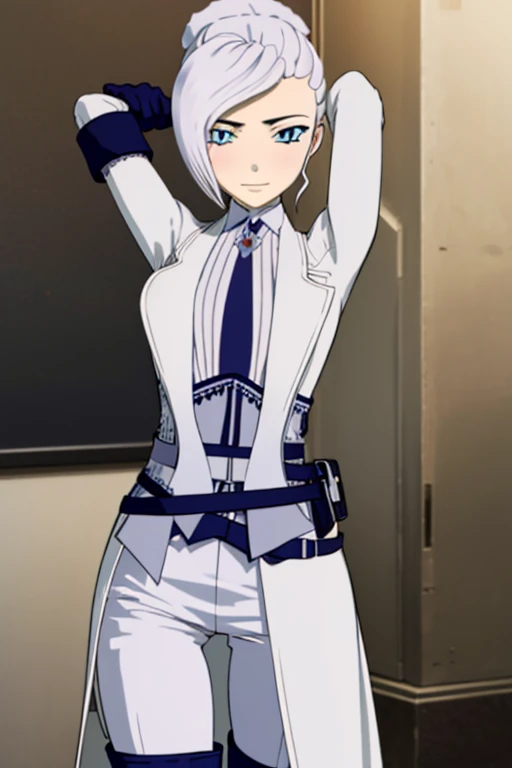 winterschnee, winter schnee, blue eyes, white hair, hair bun, single hair bun,
BREAK gloves, boots, necktie, black gloves, belt, pants, black footwear, uniform, high heels, coat, blue pants, knee boots, black necktie, high heel boots, white coat, 
BREAK indoors, castle,
BREAK looking at viewer, (cowboy shot:1.5), {arms behind head}, contrapposto, spread armpit, smile,
BREAK (masterpiece:1.2), best quality, high resolution, unity 8k wallpaper, (illustration:0.8), (beautiful detailed eyes:1.6), extremely detailed face, perfect lighting, extremely detailed CG, (perfect hands, perfect anatomy),