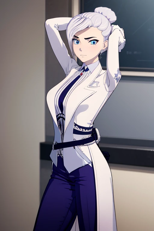 winterschnee, winter schnee, blue eyes, white hair, hair bun, single hair bun,
BREAK gloves, boots, necktie, black gloves, belt, pants, black footwear, uniform, high heels, coat, blue pants, knee boots, black necktie, high heel boots, white coat, 
BREAK indoors, castle,
BREAK looking at viewer, (cowboy shot:1.5), {arms behind head}, contrapposto, spread armpit, smile,
BREAK (masterpiece:1.2), best quality, high resolution, unity 8k wallpaper, (illustration:0.8), (beautiful detailed eyes:1.6), extremely detailed face, perfect lighting, extremely detailed CG, (perfect hands, perfect anatomy),