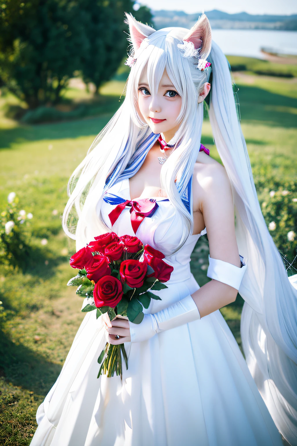 high-definition picture,Three girls，1 wearing a white dress、There is a woman with red roses in her hair, Anime Cosplay, Anime girl cosplay, cosplay foto, Real style mixed with Fujifilm, Cosplay,2 White haired god, a beautiful kitsune woman, cosplayer, White Cat Girl, Girl Silver Hair, Nekomimi, 3 real life anime girls, Ayaka Cosplay, white hime cut hairstyle