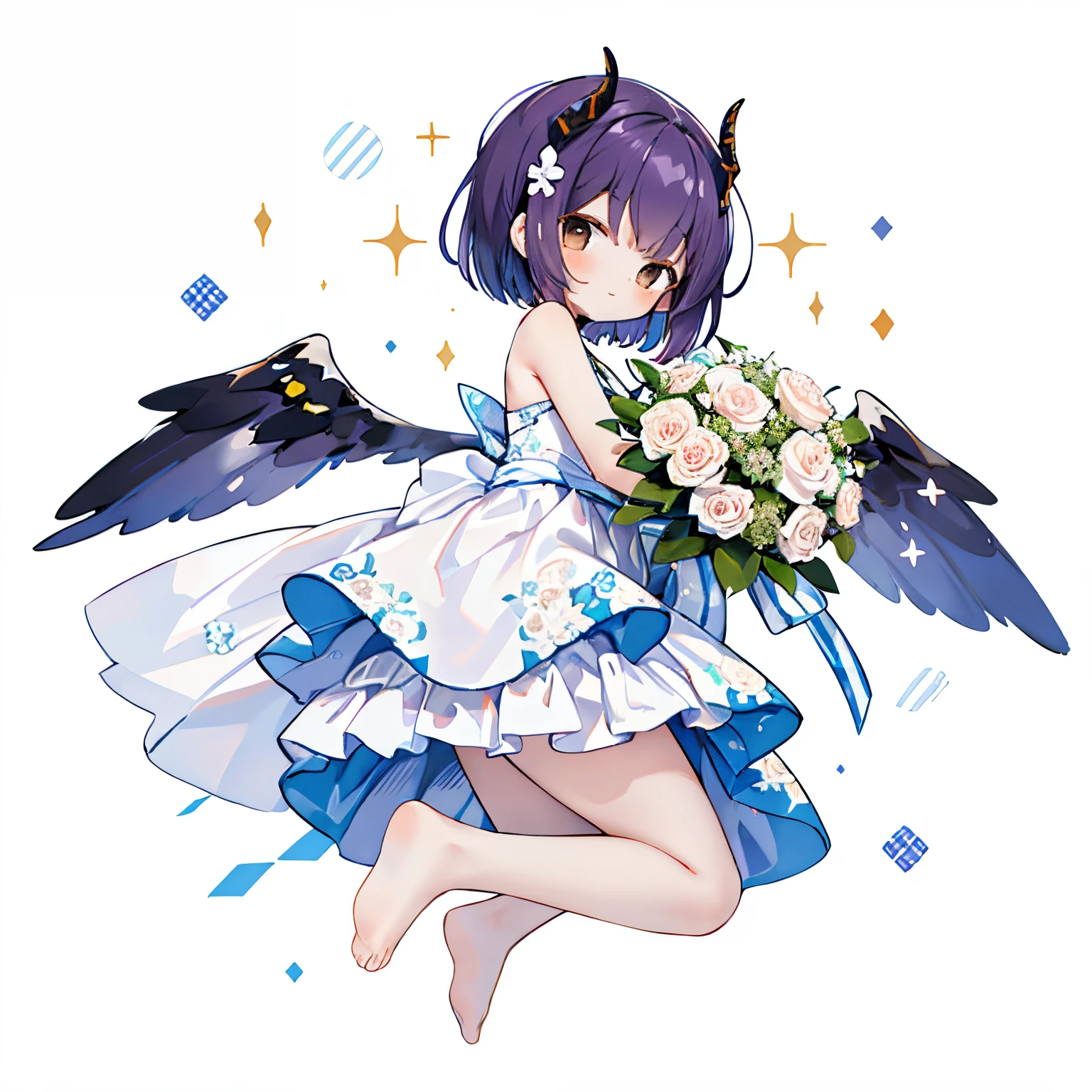 ((with a large bouquet:1.3)),1girl in, Solo, Barefoot, Hair Ornament, Smile, Dress, Horns, White background, Simple background, Brown eyes, hair clips, White Dress, Short hair, blush,, From the side、 Purple hair, Looking at Viewer, Arms up, Standing, Closed mouth, , Wings, with floral pattern, (Glitter),, jumpping,looking left:1.0