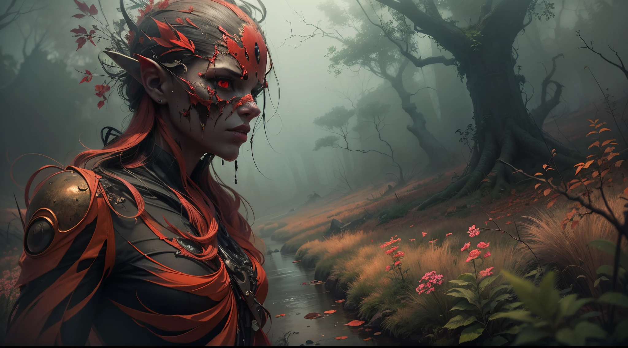 (Best Quality,4k,8K,hight resolution,Masterpiece:1.2),Ultra-detailed,Realistic:1.37,portrai,landscape In this terribly beautiful landscape, a foggy morning envelops the scene, create a creepy atmosphere. The view is filled with an abundance of dense vegetation.., including predatory flowers and poisonous plants. These plants have bright and sinister colors.., increased sense of danger and terror. The air is heavy with moisture, creating an atmosphere of decay and mold.
The colors in this piece are bright and disturbing...., with an emphasis on deep, Dark tones. The color palette includes shades of crimson red.., poisonous green, and sinister purple, adding to the general unsettling atmosphere.
To enhance the overall quality of this unique piece of art., You are welcome, Make sure, that the image is in the best quality, for example 4k, 8K, or high resolution. The level of detail must be very detailed.., looks like real life, and bordering on photorealism. The end result must be a masterpiece, that captivates and excites the audience..
The artistic style of this work can be described as a combination of portrait and landscape., and the landscape serves as a backdrop for an eerie atmosphere. This juxtaposition creates a sense of unease and intrigue...., make a work of art truly unforgettable.