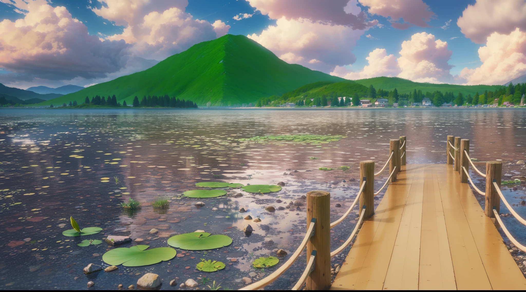 a beautiful lake view with mountains and trees, dense trees on the edge of the mountain, wooden bridge, clear lake water, 6 lily pads, blue sky with billowing clouds, longshot, anime, anime style, makoto shinkai style, anime style rendering, 4k, 4k detailed,