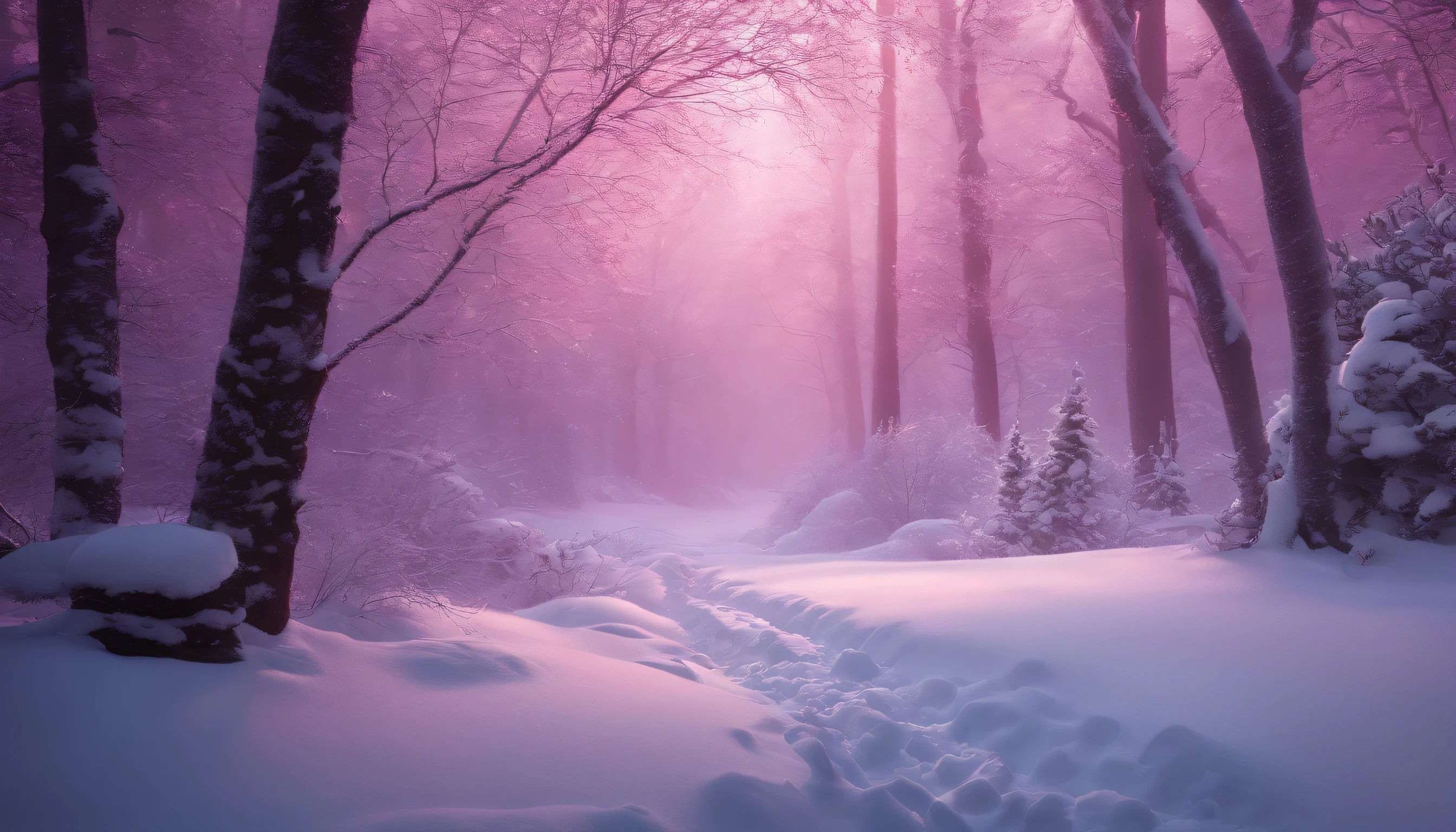 "Generate an exceptionally detailed scene of a dimly lit snowy wonderland, rich with micro-details, and bathed in a captivating magenta-themed glow. Envision a serene winter landscape, each snowflake delicately outlined in the soft, dim light. Highlight the intricate textures of snow-covered branches, capturing the subtle play of shadows in the ambient magenta hues. Craft a visual masterpiece that immerses the viewer in the enchanting ambiance of a quiet, snow-kissed world, emphasizing the smallest details to evoke a sense of tranquility and awe."