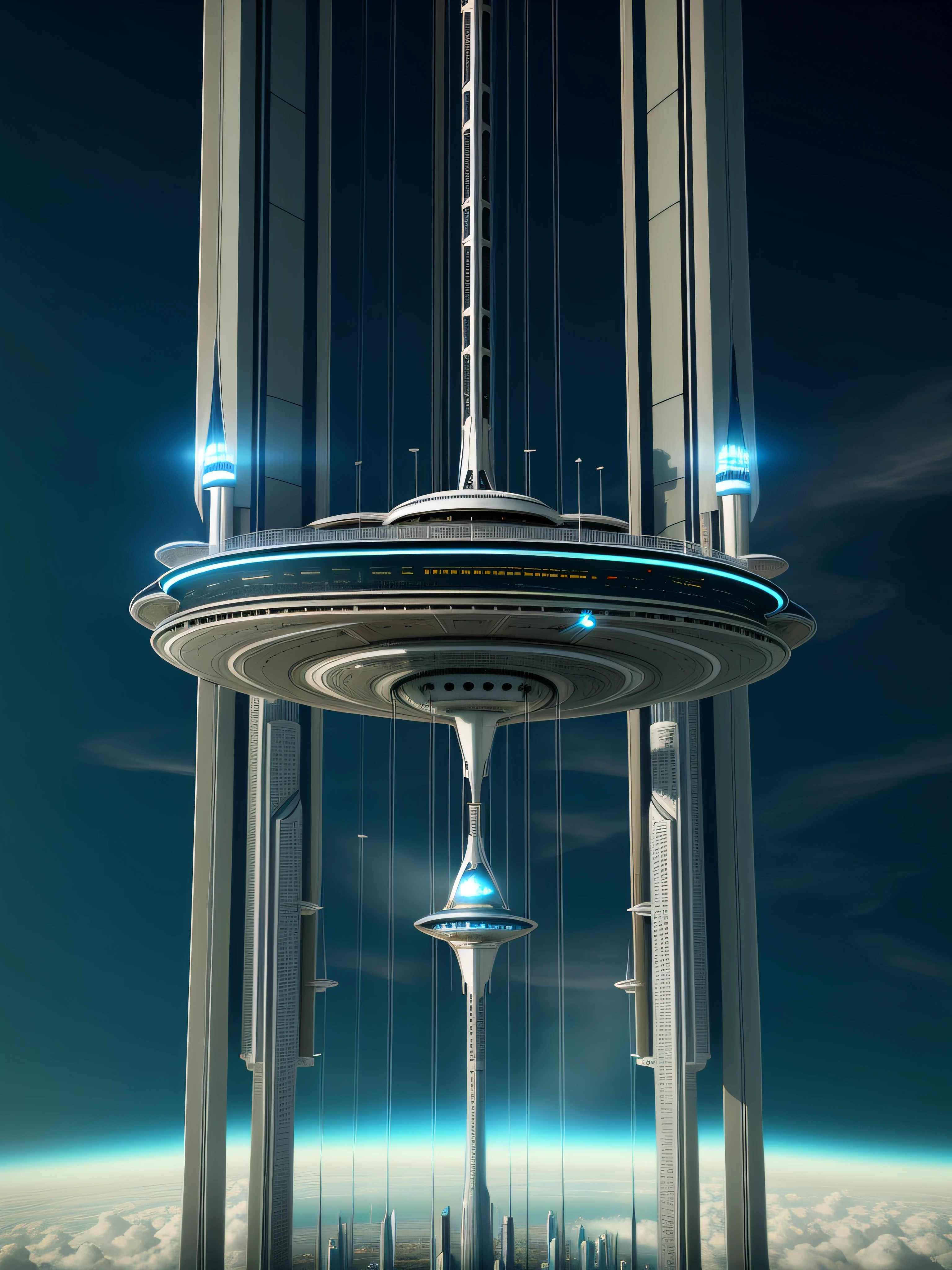 Close up of large metal structure with sky background, space elevator, A city floating in the air, russian orbit city cityscape, future spaceport, future rail station!!!!, deep space super structure, Future space station, Huge future temple city, depicted as a scifi scene, futuristic palace, futuritic high tech architecture, A city floating in the clouds, The skyscraper of the future